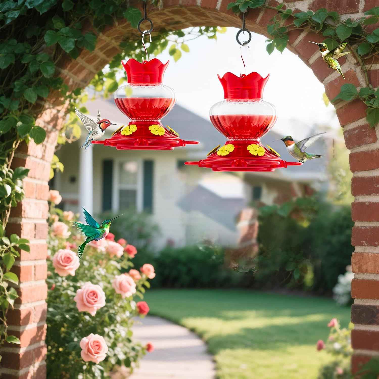 Plastic Hummingbird Feeders for Outdoors Hanging, 2 Pack 13 Ounces Ant and Bee Proof Small Hummingbird Feeders with 6 Feeding Ports and Perches for Outside Garden Décor