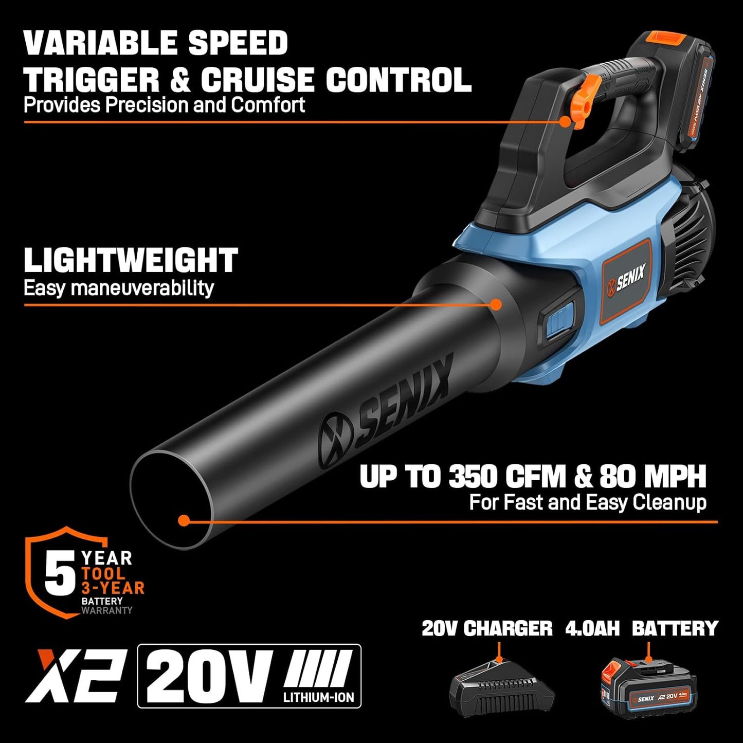 SENIX 20V Max Leaf Blower, Cordless, Brushless, Handheld, Up to 350 CFM and 80 MPH, 2 Speed Mode, Cruise Control, Lightweight, 4.0 Ah Battery and Charger Included (BLAX2-M)