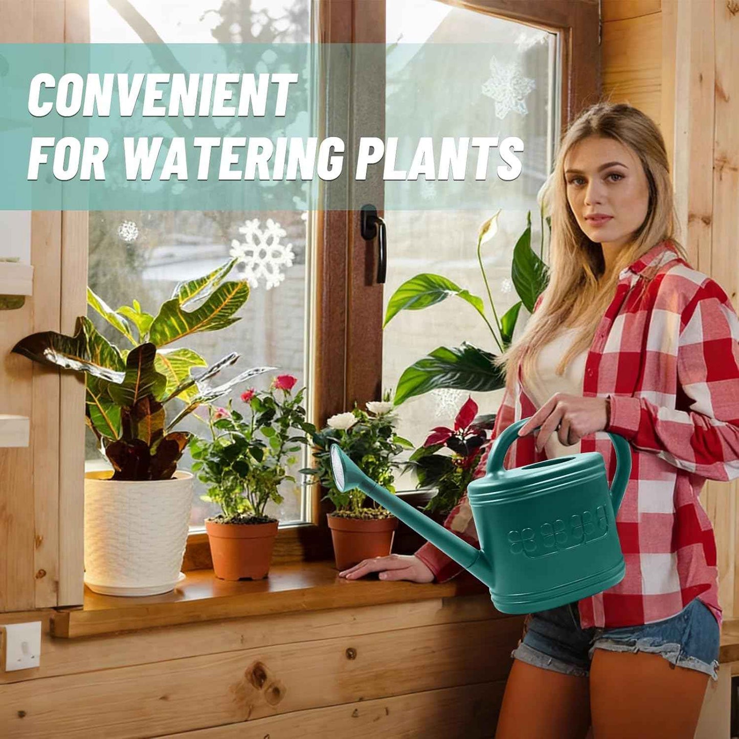 Watering Can for Indoor & Outdoor Plants, Plant Watering Can with Stainless Steel Shower Head, 1 Gallon Plastic Watering Can for Garden, Flowers, Vegetable, Greenhouse (Dark Green, 1 Gallon)