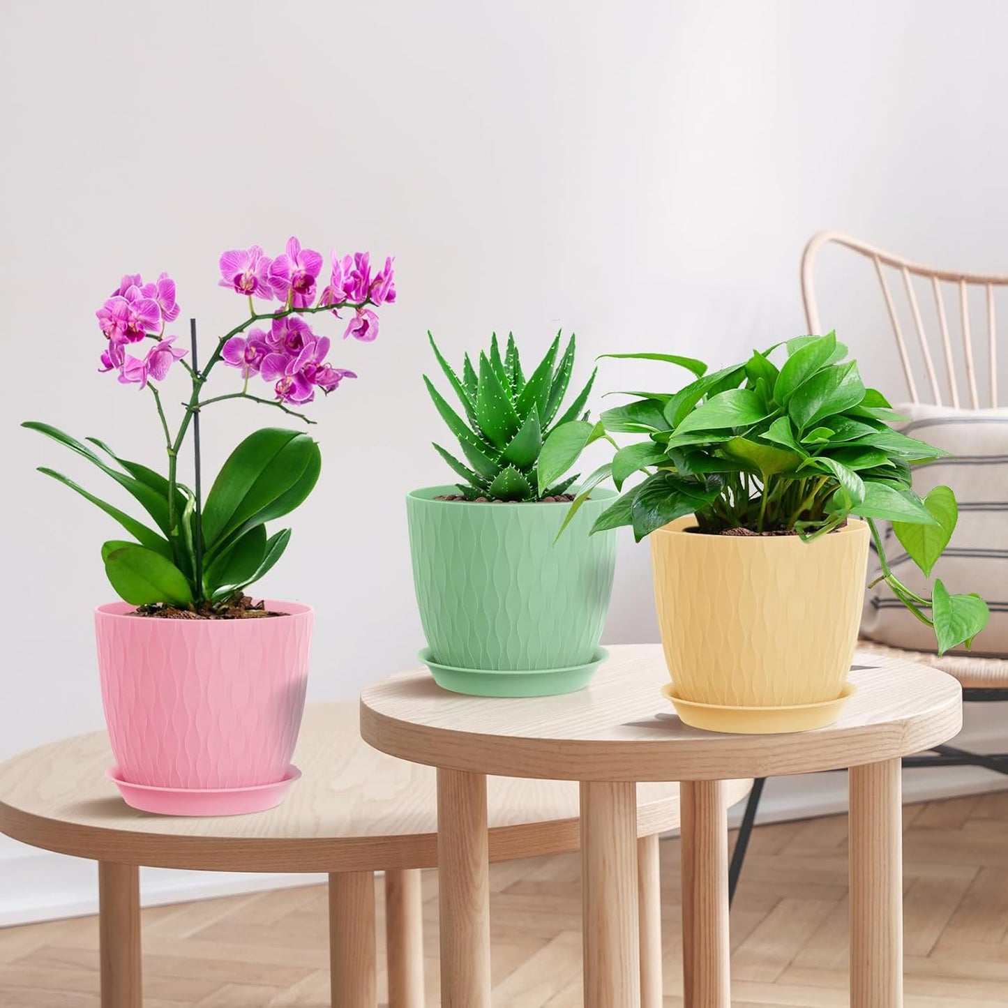 WSMKSZ 7 inch Plant Pots, 5 Pack Flower Pots with Drainage Holes and Saucers for Indoor Plants, Plastic Planters with Water Ripple for Small Garden House Plants, Nursery Pots for Succulent, Colorful