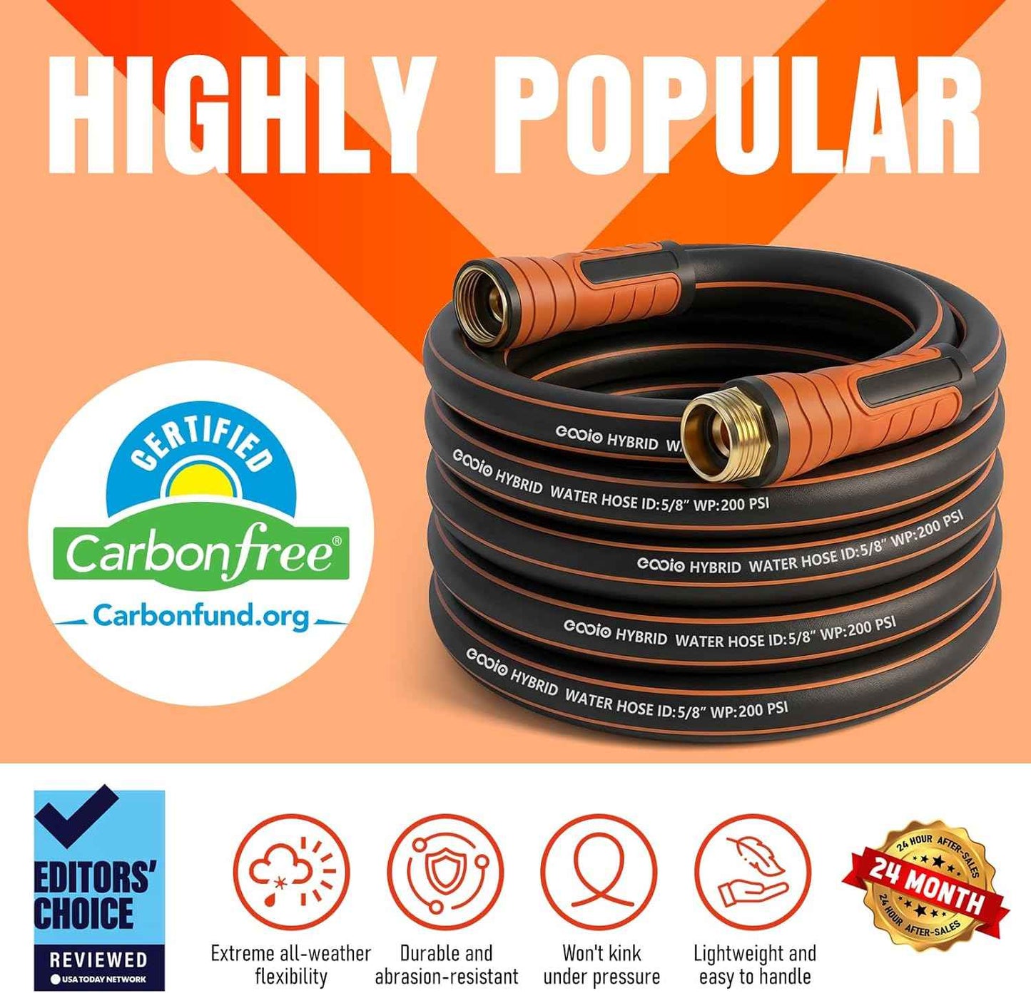 Garden Hose 100 ft x 5/8", Heavy Duty Water Hose, Flexible and Durable, Kink Resistant Lightweight Hybrid Hose, Leakproof Yard Hose with Male to Female Fittings
