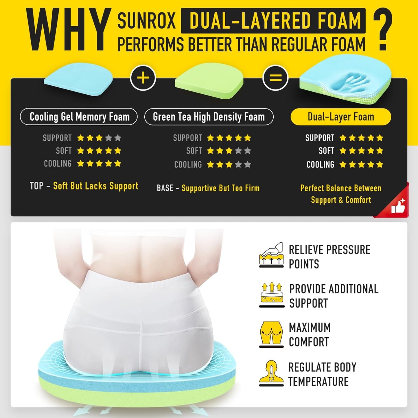 SUNROX Gel Memory Foam Chair Cushions, FadeShield Water-, Stain-Resistant Durable Reversible Seat Cushion Pads with Ties for Indoor/Outdoor Kitchen Dining Office, 17"x16", Set of 4, Cream