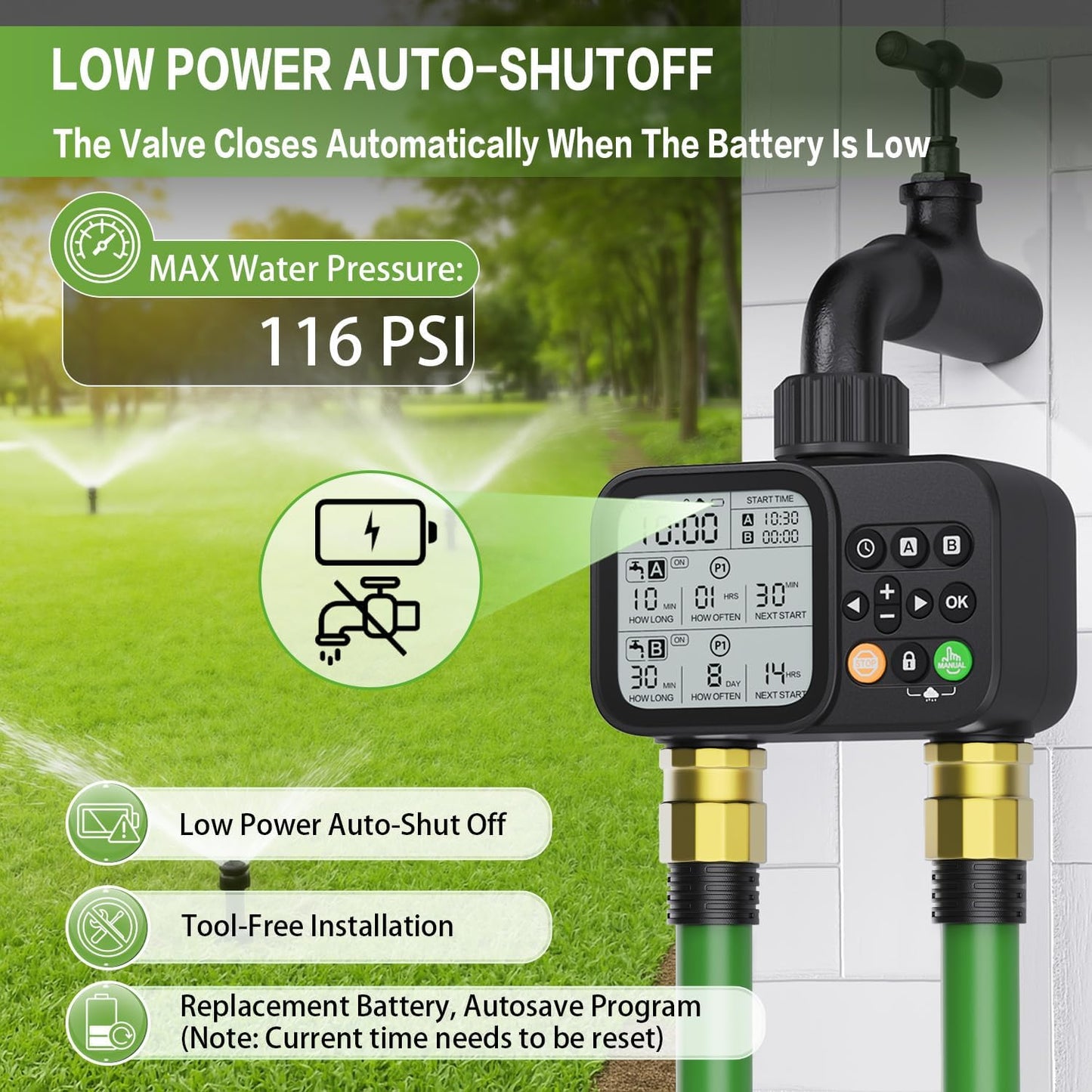 Sprinkler Timer 2 Outlets, Programmable Water Hose Timer with Rain Delay/Manual/Automatic Watering System, Outdoor Digital Automatic Irrigation for Garden Yard Lawn with Large Display(Black)