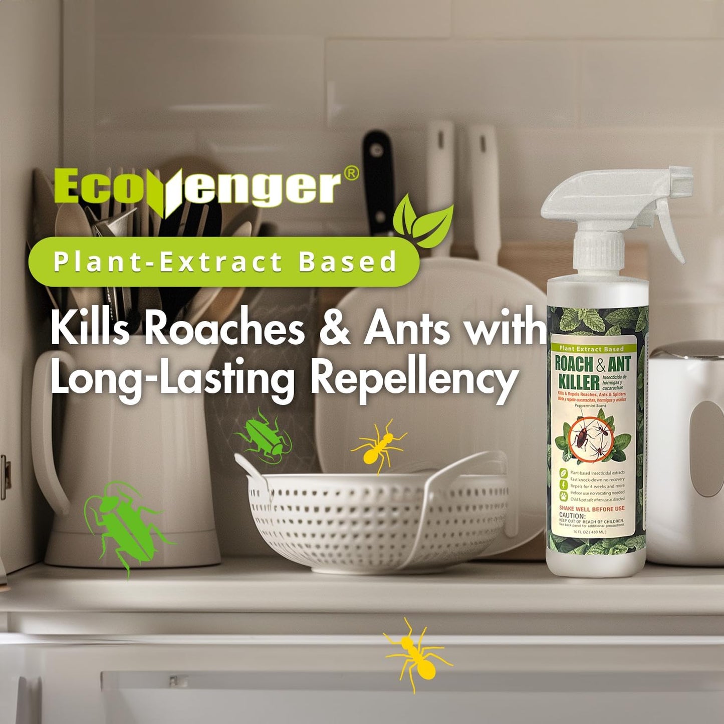 EcoVenger Roach & Ant Killer 16OZ, Kills on Contact, Extended 4-Week Deterrence, Kills Cockroaches, Ants & Other Indoor & Outdoor Crawling Insects, Peppermint Oil, Non-Toxic, Safe for Children & Pets