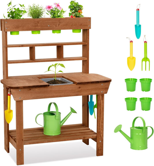 OOOK Potting Bench with Removable Sink, Potting Benches for Outside, Mud Kitchen for Kids Outdoor with Gardening Tools, Watering Can, Flower Pot, Ideal Gift for Boys and Girls 3+, Solid Fir Wood