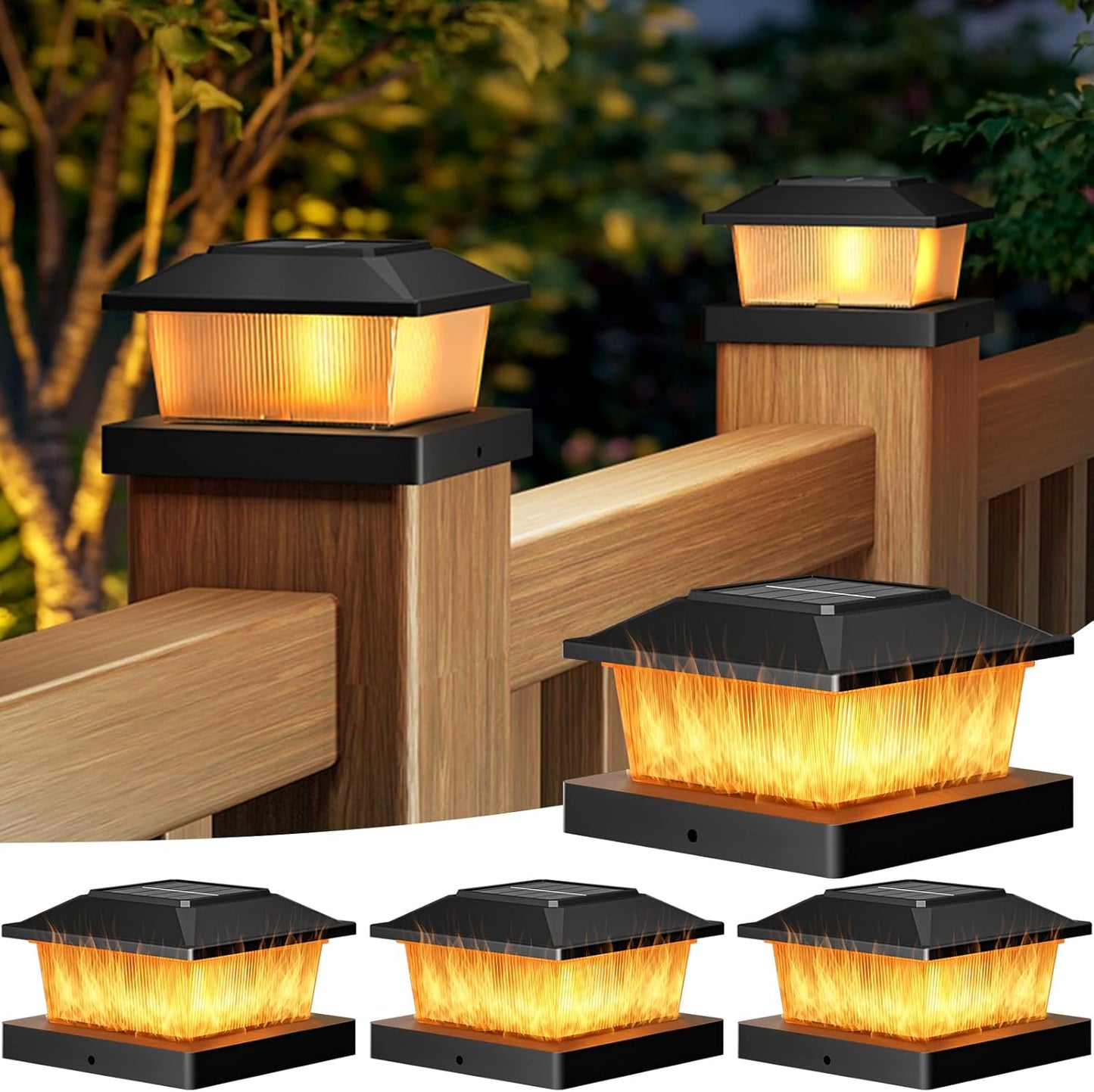 btfarm 4x4 Solar Flame Post Cap Lights Outdoor, 4 Pack Flickering Flame Fence Deck Post Lights, Waterproof Solar Powered Lighting Outside Fit 4x4 3.5x3.5 Wooden/Vinyl for Porch Patio Garden, Black Cap