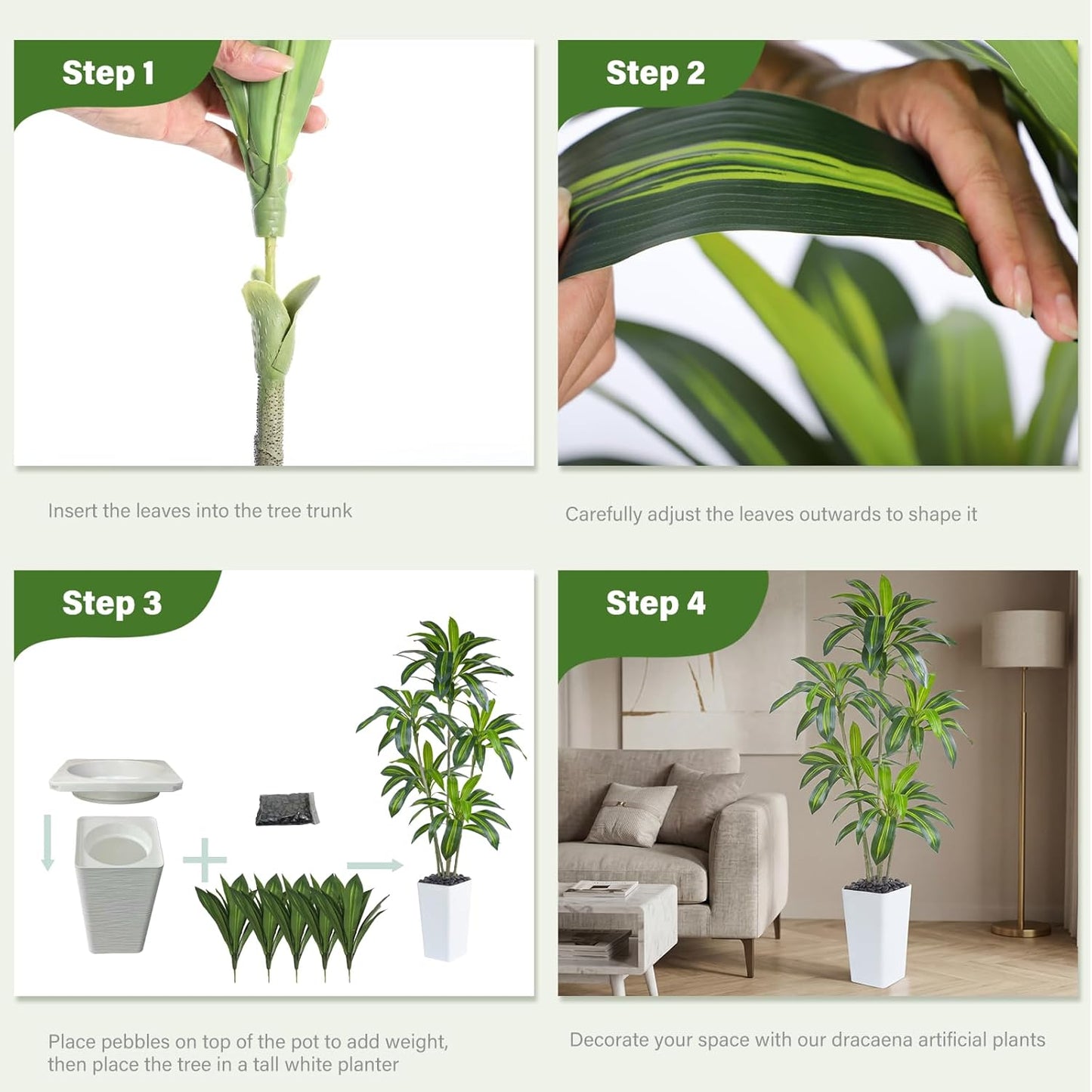 Artificial Dracaena Tree, 6FT Artificial Plants Indoor with White Tall Planter, Faux Yucca Silk Tree Fake Tropical Floor Plant in Pot, Fake Plants for Home House Room Office Entryway Porch Decor