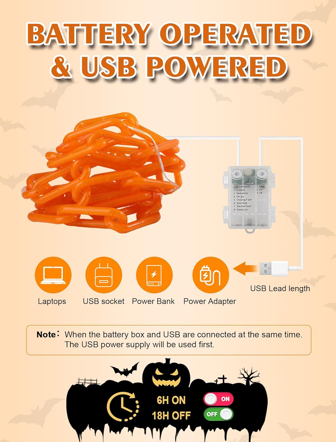 Halloween Decorations Chain Lights,10.4 Ft 175 LED Plastic Chain String Lights Battery Operated and USB,8 Lighting Modes Orange Light with Timer for Halloween Skeleton Dog Party Spooky Outdoor