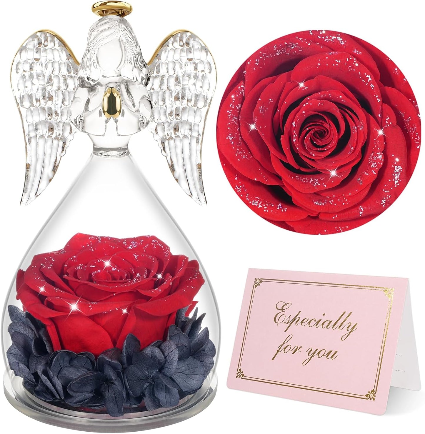 Yamonic Christmas Birthday Gifts for Mom, Angel Figurines with Real Rose Gifts for Her Mom Grandma, Preserved Rose in Glass Angel Figurines for Mothers Day Valentine's Day Gifts for Women (Red Sky)