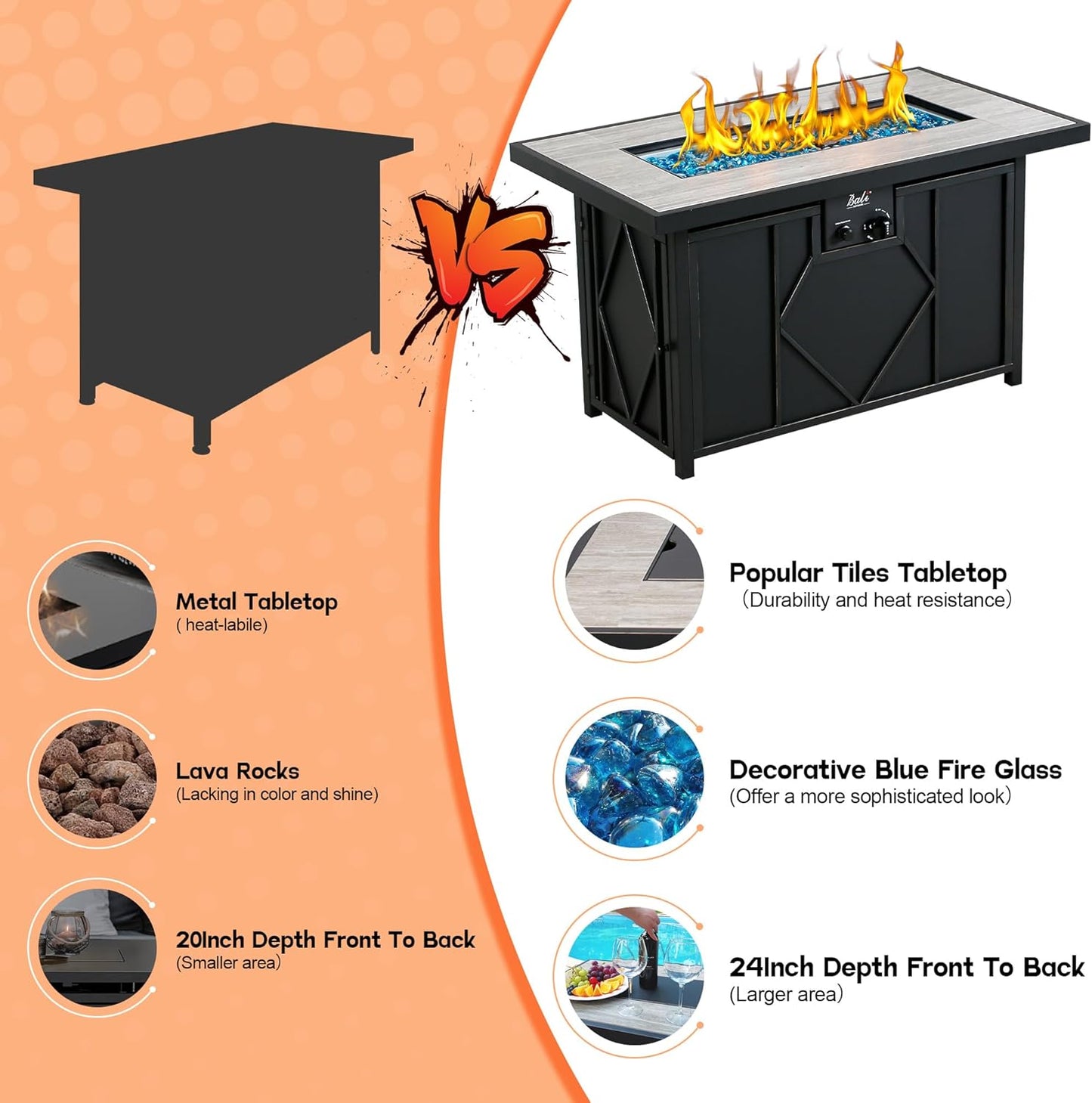 BALI OUTDOORS Fire Pit Table Propane Gas Firepit Rectangular Fire Table 42In 60,000 BTU for Outside Patio Backyard Deck Balcony