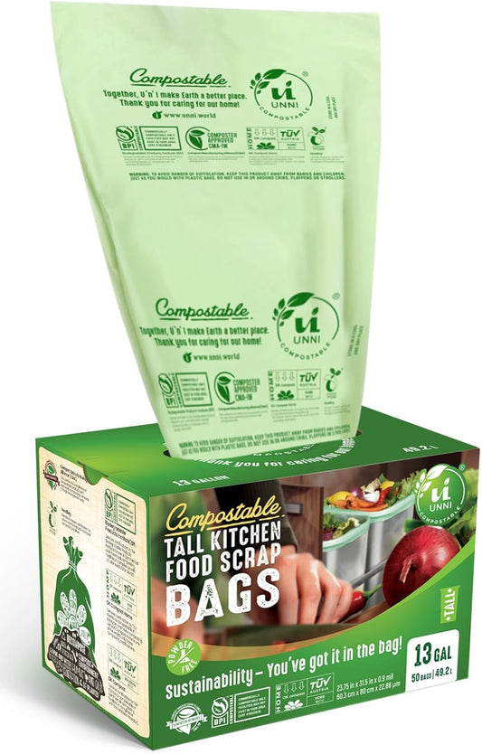 UNNI Compostable Trash Bags, 13 Gallon / 49.2 Liter, 200 Count Value Pack, Extra Thick 0.9 Mil Tall Kitchen Food Scrap Bin Liners, Certified by BPI, CMA & OK compost HOME, Meets ASTM D6400 Standard