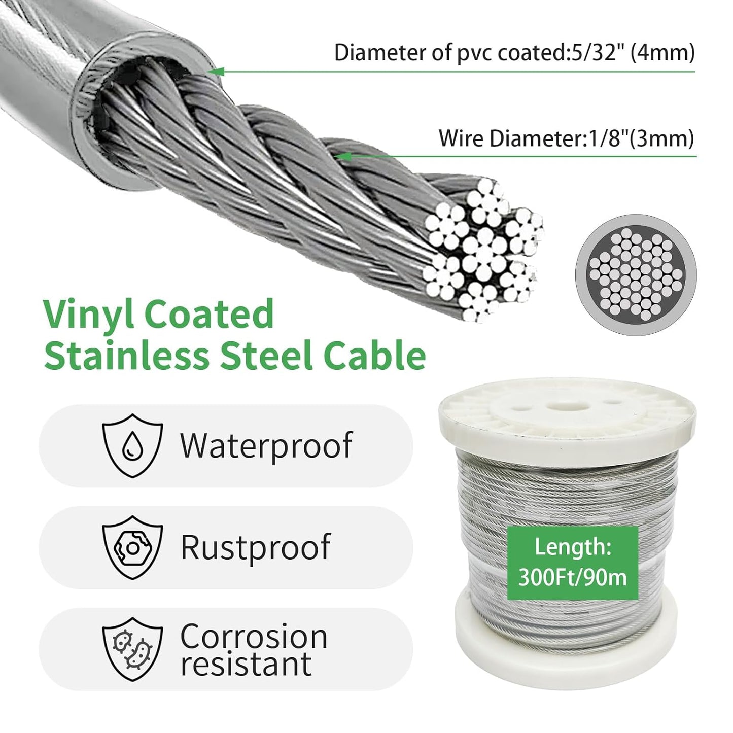 5/32" Wire Cable Rope Kit ，Vinyl Coated 304 Stainless Steel Wire – 300FT 7x7 Strand Cable with Turnbuckles，Shade Sail & Hanging Lights Hardware Kit for Outdoor, Garden,Patio, Crafts, Hanging Lights
