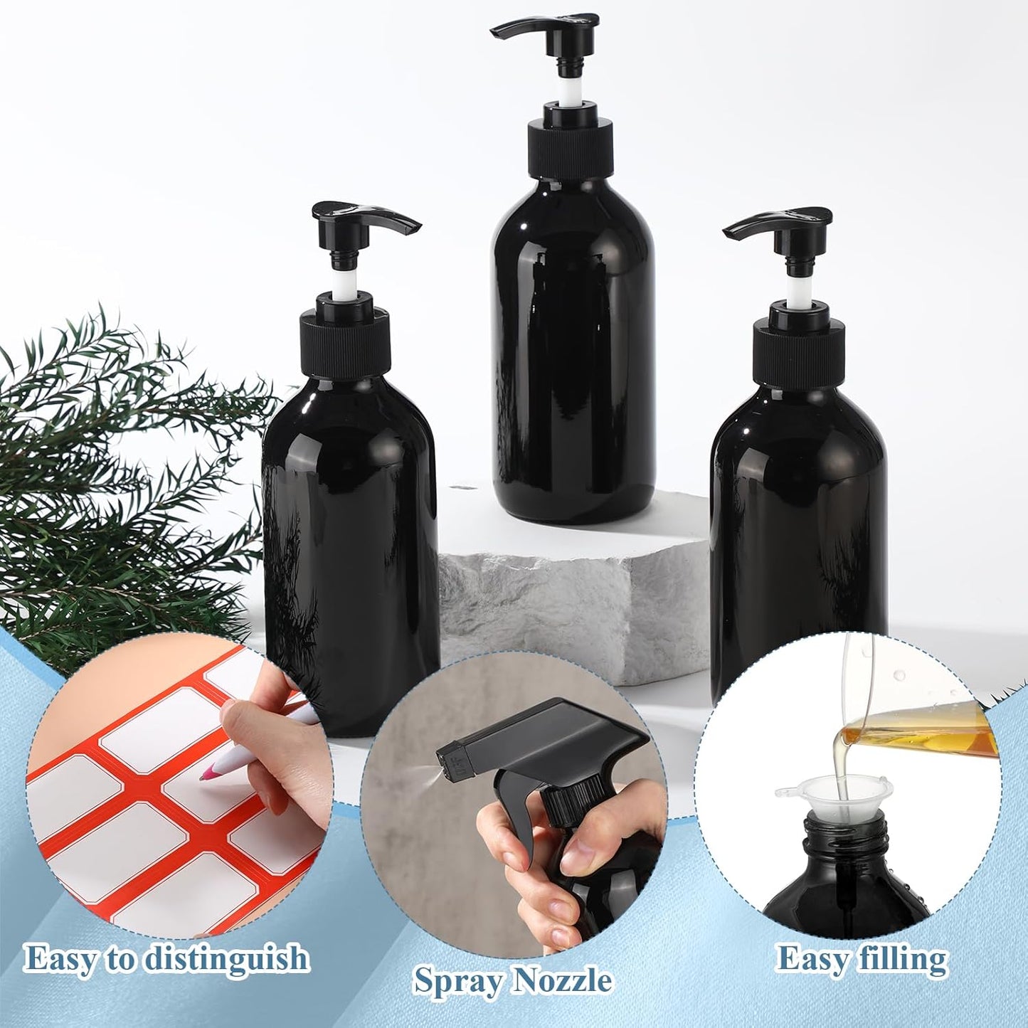 Norme 12 Pcs 8 oz Glass Spray Bottles with Funnels and Labels Refillable Cosmetic Empty Spray Bottles with Sprayer Containers for Essential Oil Cleaning Solutions(Black,Classic)