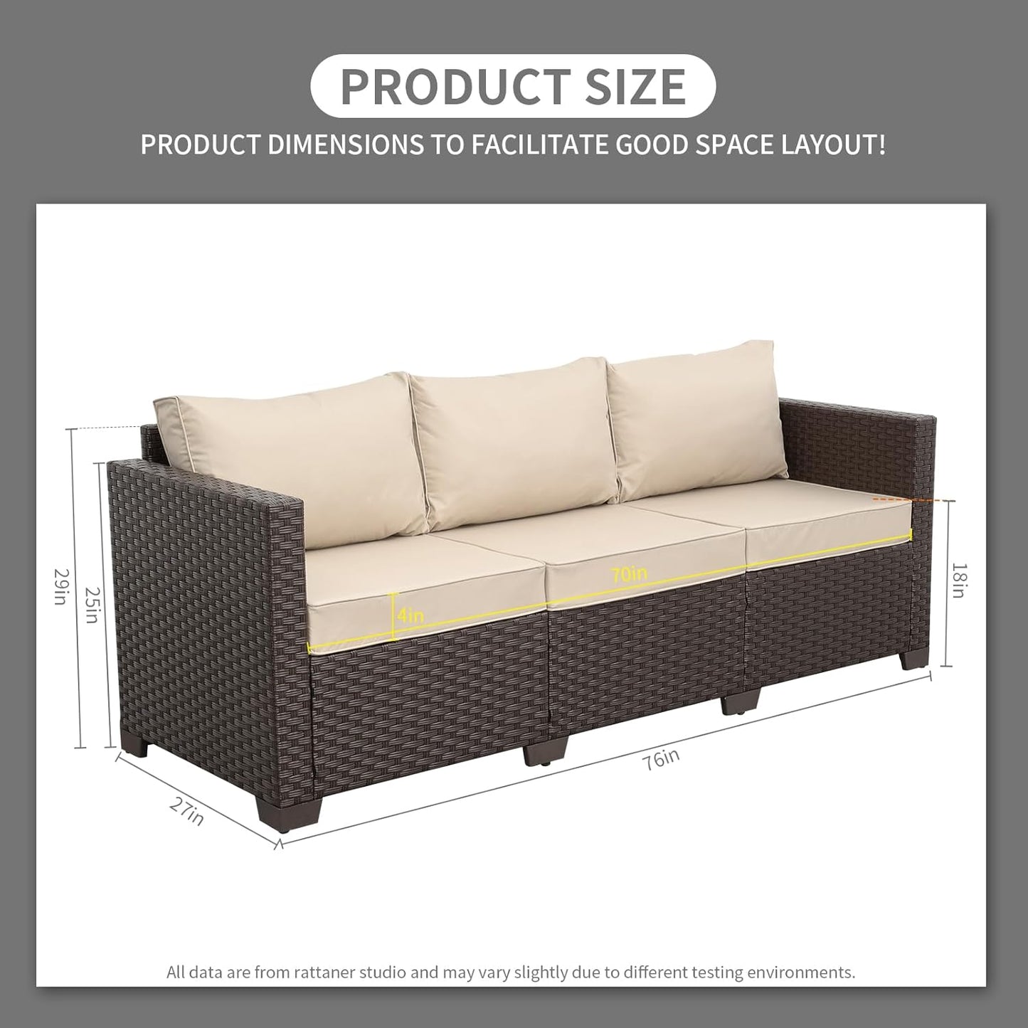 Rattaner Patio Furniture 3-seat Sofa Wicker Outdoor Furniture Outdoor Couch Deep Seat Hight Backrest Waterproof Cover Anti-Slip Cushions, Khaki