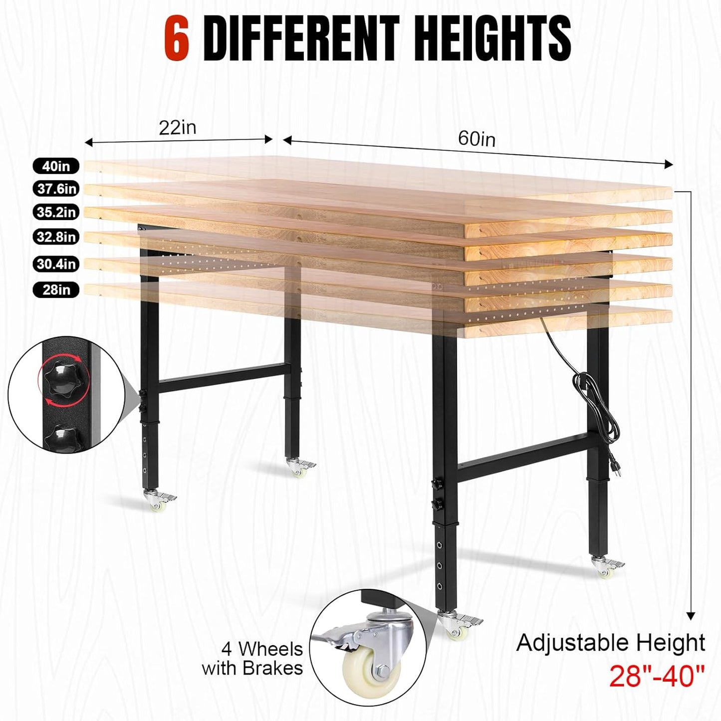 Height Adjustable Workbench with Wheels 60”×22” Heavy Duty Work Table 2000 LBS Capacity Rolling Work Table Rubber Wood Work Station with Power Outlet & Pegboard for Garage, Office, Workshop, Home