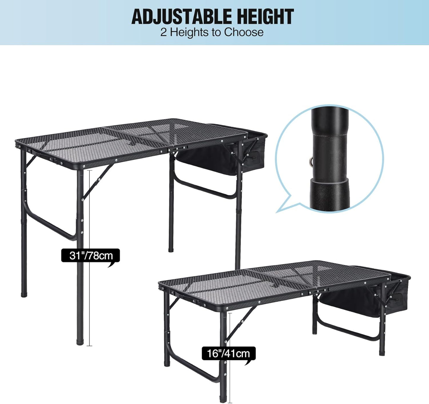 RedSwing Portable Grill Table with Sink for Outside, Aluminum Frame Folding Grill Stand Table for Outdoor Camping Picnic BBQ, Lightweight Adjustable Height, 36 x 20 x 31 Inches, Black