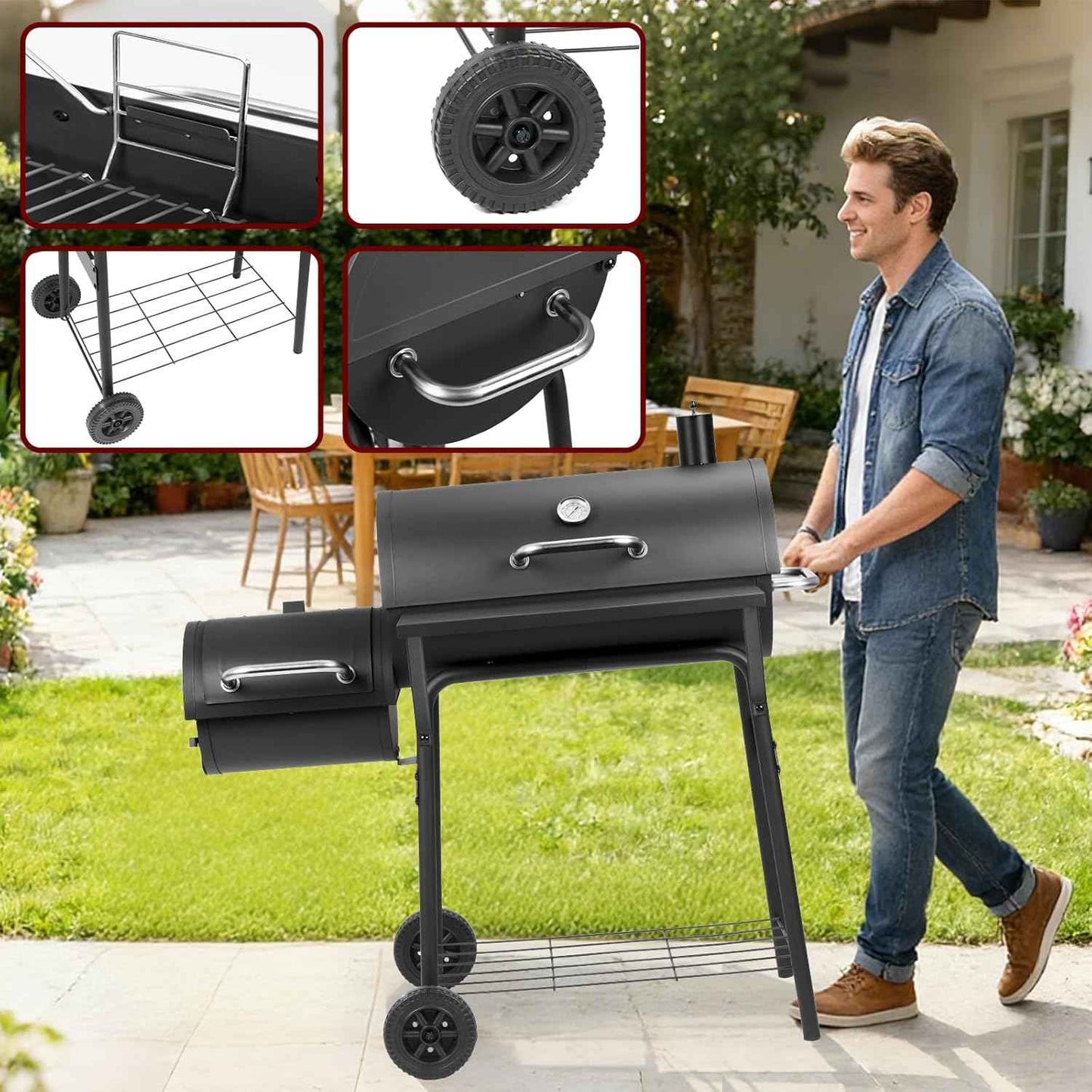 Charcoal Grill with Offset Smoker,BBQ Grills with Side Table,Outdoor Cooking with 535 Square Inches,Backyard Camping Picnics, Patio and Parties, Black by DNKMOR