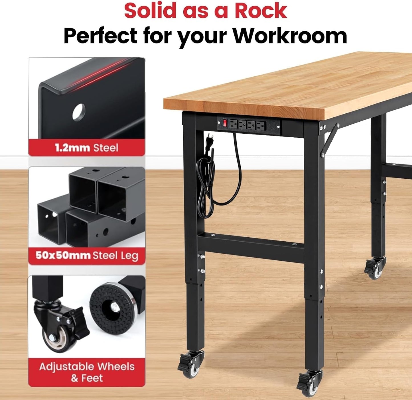 Work Bench with Wheels 48 x 20 Inch Heavy Duty Rubberwood Tabletop Garage Workbench Adjustable Height Work Table with Pegboard, Power Outlets for Woodworking Shop, Home, Office
