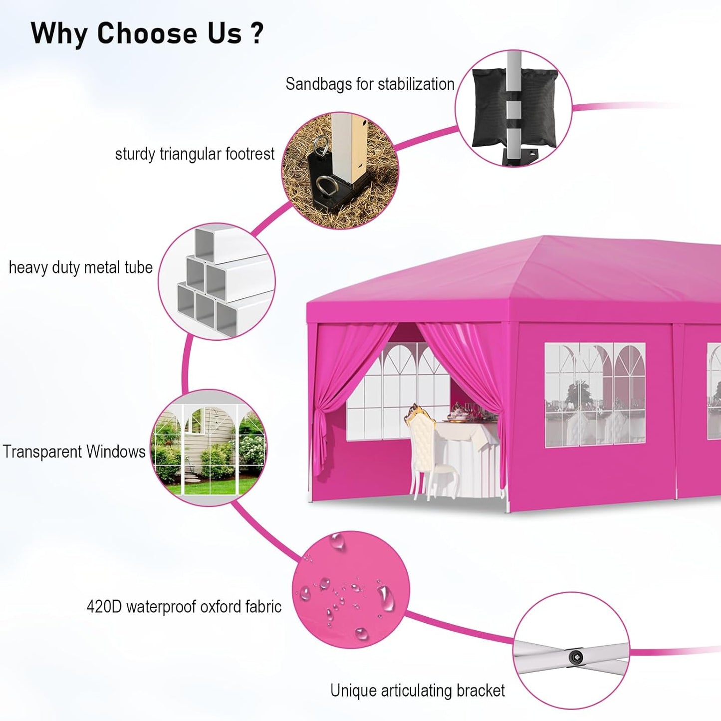 10x30 Pink Pop Up Tent with 8 Sidewalls, Heavy Duty Outdoor Canopy Waterproof Canopy Event Tents for Parties Party Wedding BBQ Events, 8 pcs Weight Bag,Carry Bag