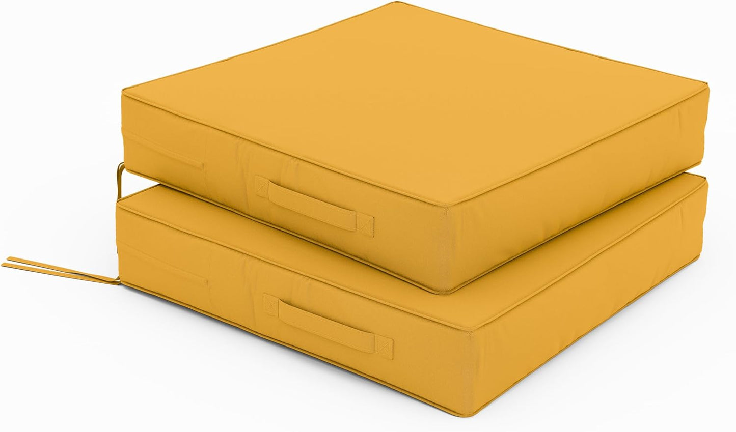 Patio Chair Cushions 22 X 22 X 4 Inch Waterproof Outdoor Seat Cushions for Patio Furniture, Outdoor Sofa Couch Pads with Ties & Handle, Set of 2, Yellow