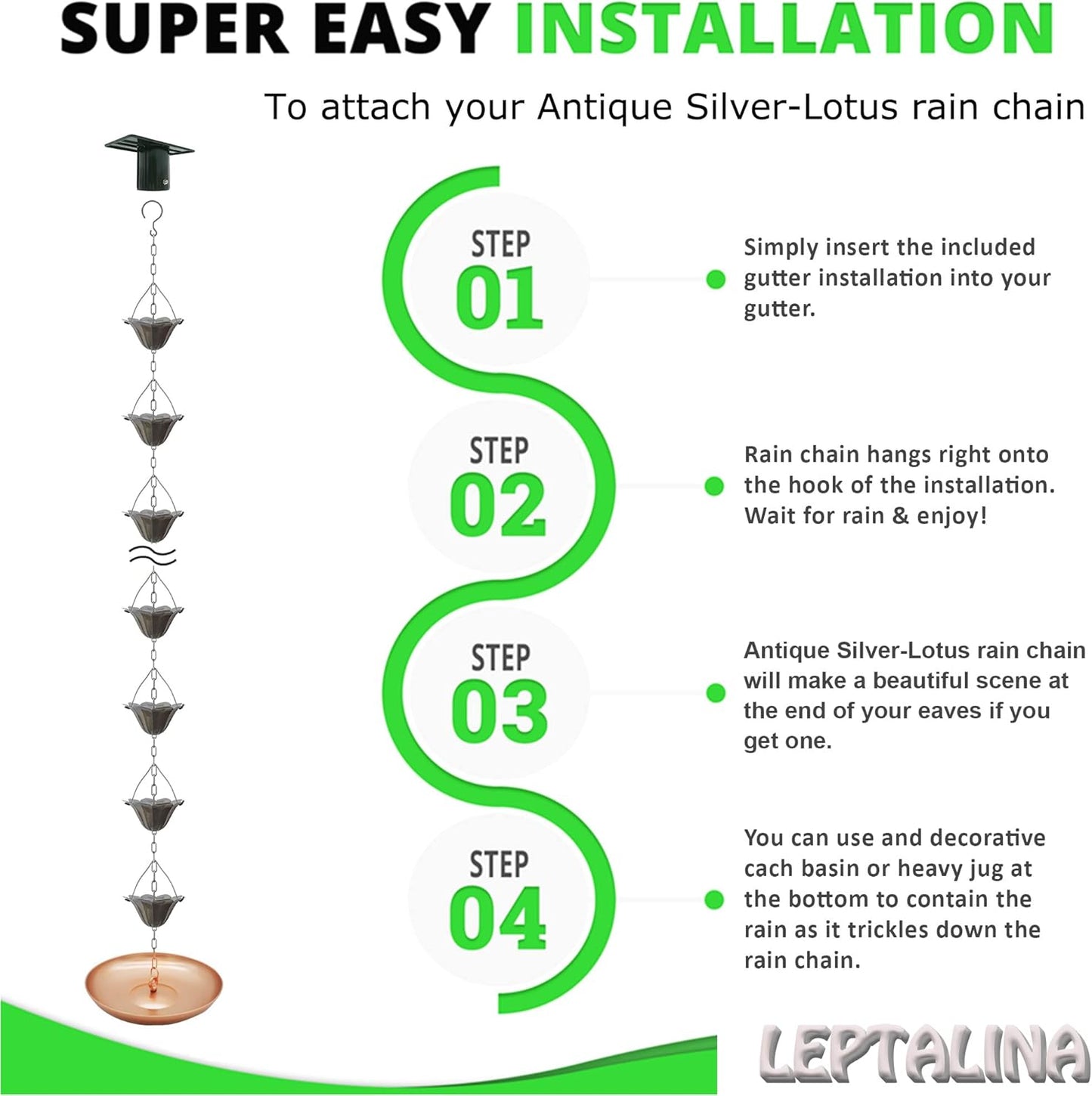 8.5FT Lotus Antique Silver Color Iron Rain Chains for Gutter and Rain Barrel, Rust-Resistant Plated Garden Décor Rain Chain for Downspout, Bonus Rain Chain Gutter Adapter