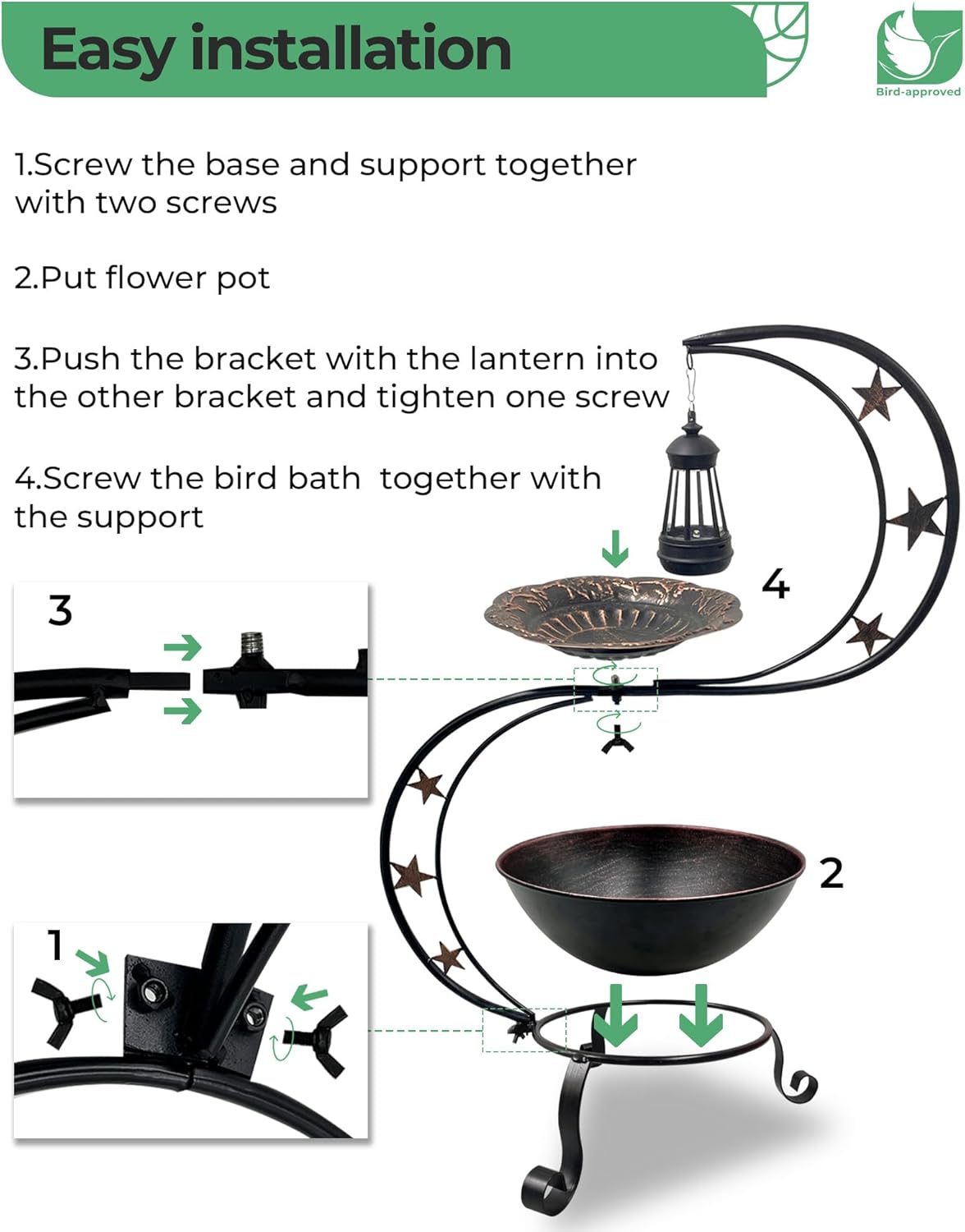 Solar Bird Bath for Outside, Vintage Metal Bath Bowl Standing Birdbaths with Flower Planter for Garden Yard Lawn Decor
