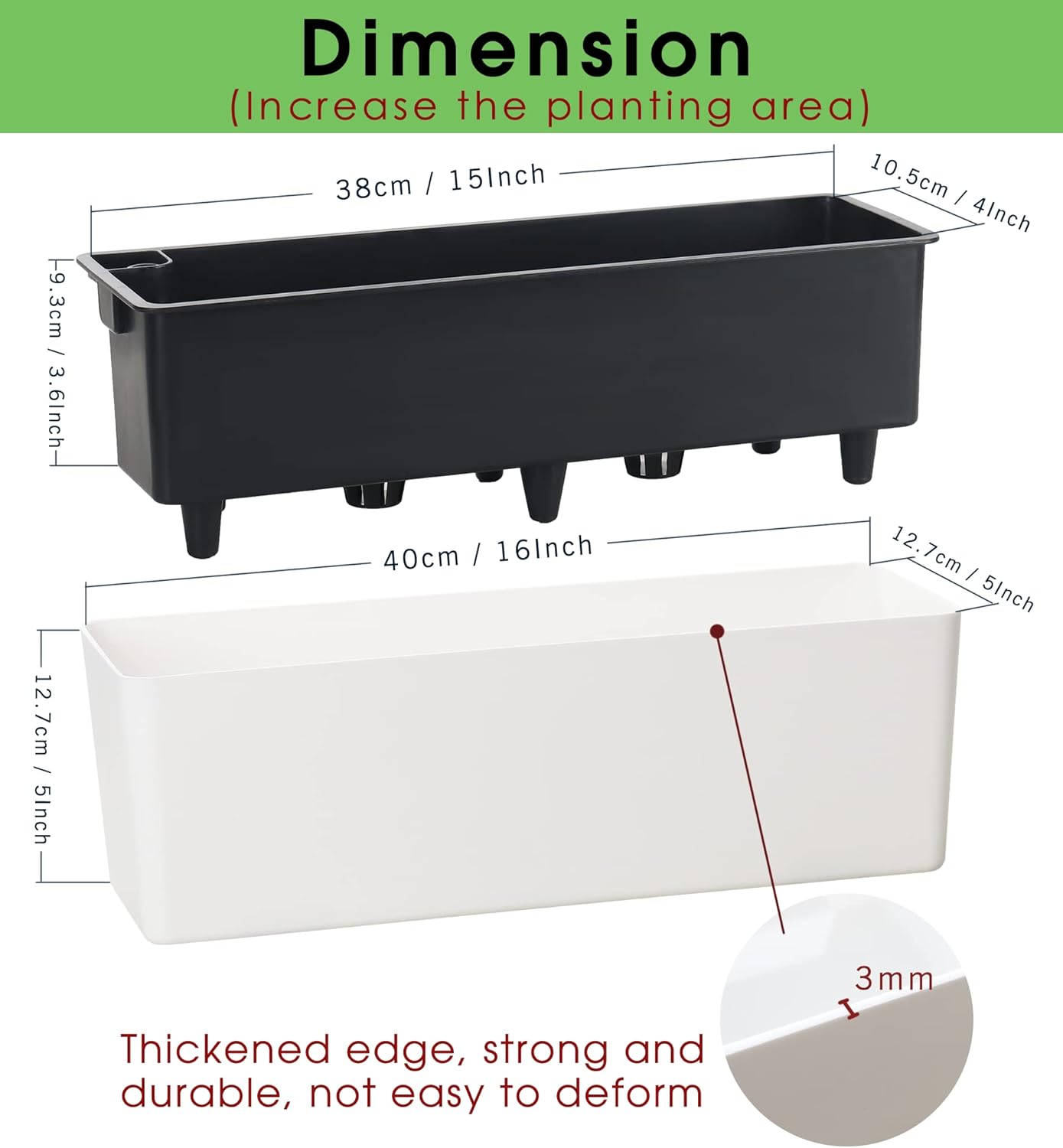 GardenBasix Elongated Self Watering Planter Pots 2-Pack Window Box 5.5 x 16 inch Indoor Home Garden Modern Decorative Planter Pot for All House Plants Flowers Herbs (White,2)