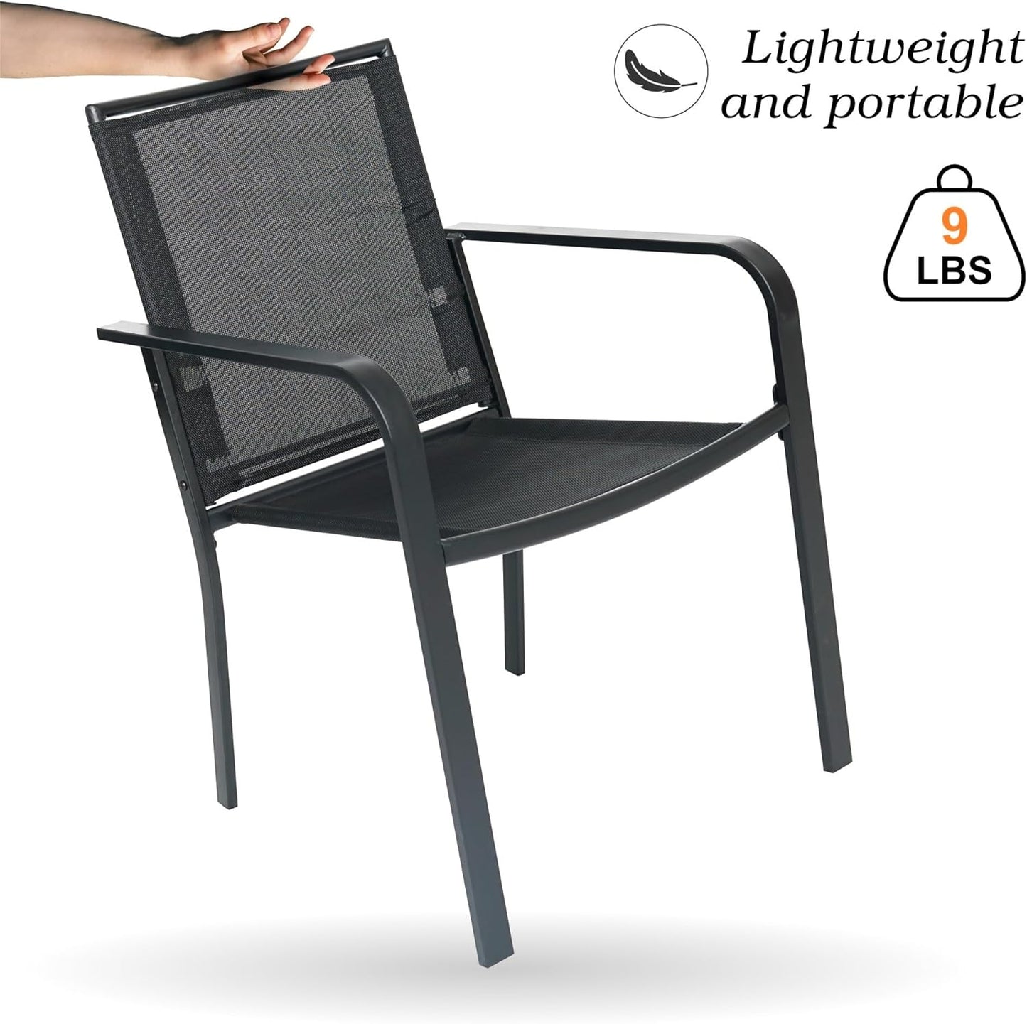 5-Piece Patio Dining Set, 35-Inch Square Outdoor Table with 4 Stackable Mesh Chairs, Black Metal All Weather Frame Set