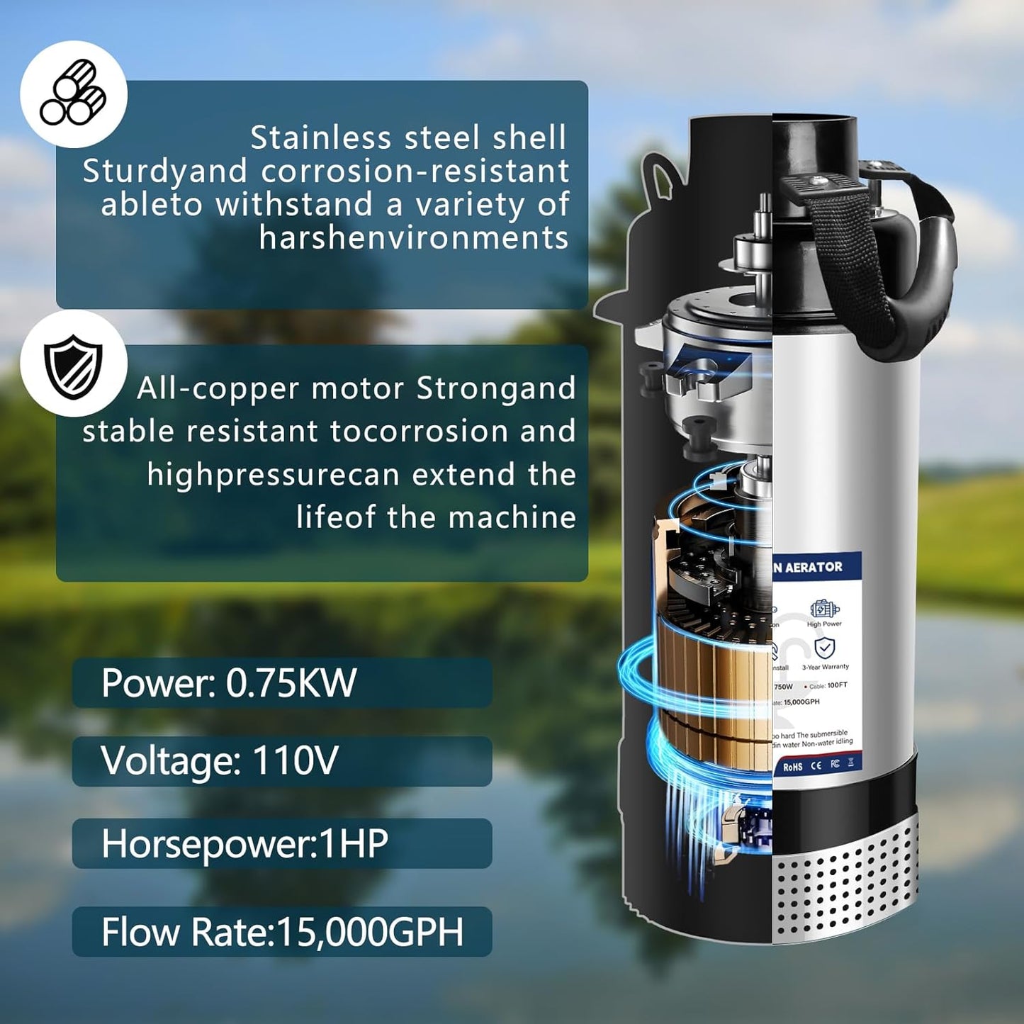 Pond Fountain Aerator 1 HP 15,000 GPH Fountain Pump with Timer 15A/110V 100-foot Power Cord 33x2Ft Traction Rope High-efficiency energy-saving water circulation system for ponds and lakes