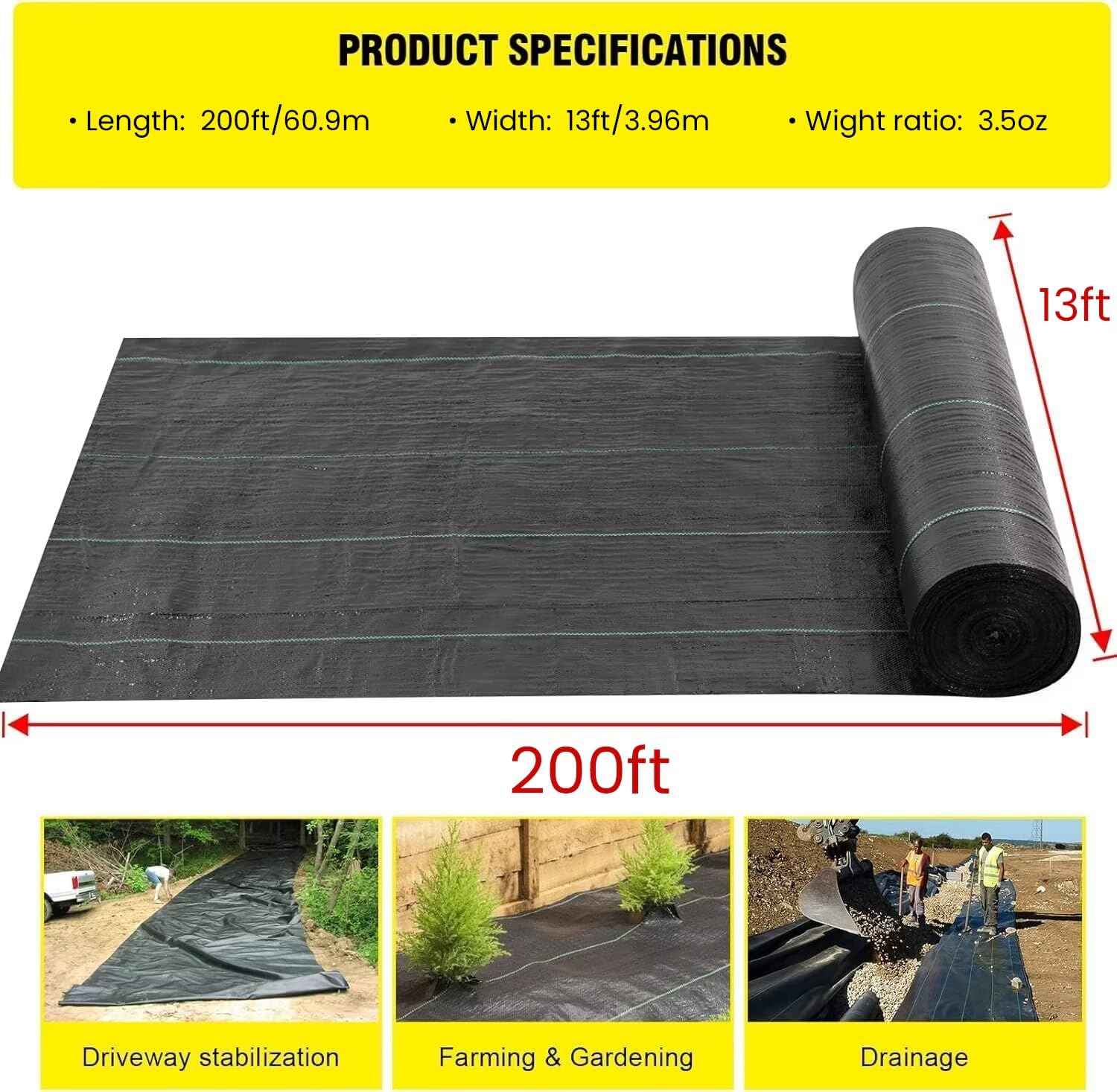 Driveway Fabric, 13x200 ft Road Fabric Commercial Weed Barrier Fabric, Landscape Fabric Heavy Duty 3.5OZ French Drain Fabric for Erosion Control,Landscape Fabric,Weed Barrier,Construction Projects