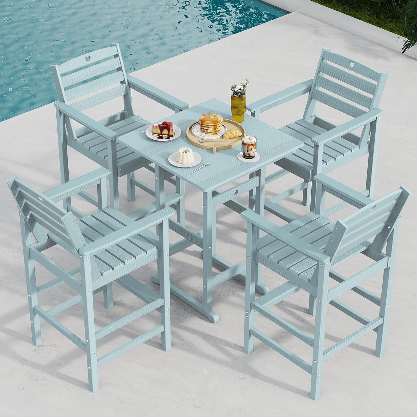Tall Adirondack Chairs Set of 2, HDPE Wood Balcony Adirondack Chairs Set with Heart Cutout Design, Weather-Resistant Bar Height Furniture for Deck, Porch, Pool (Light Blue)