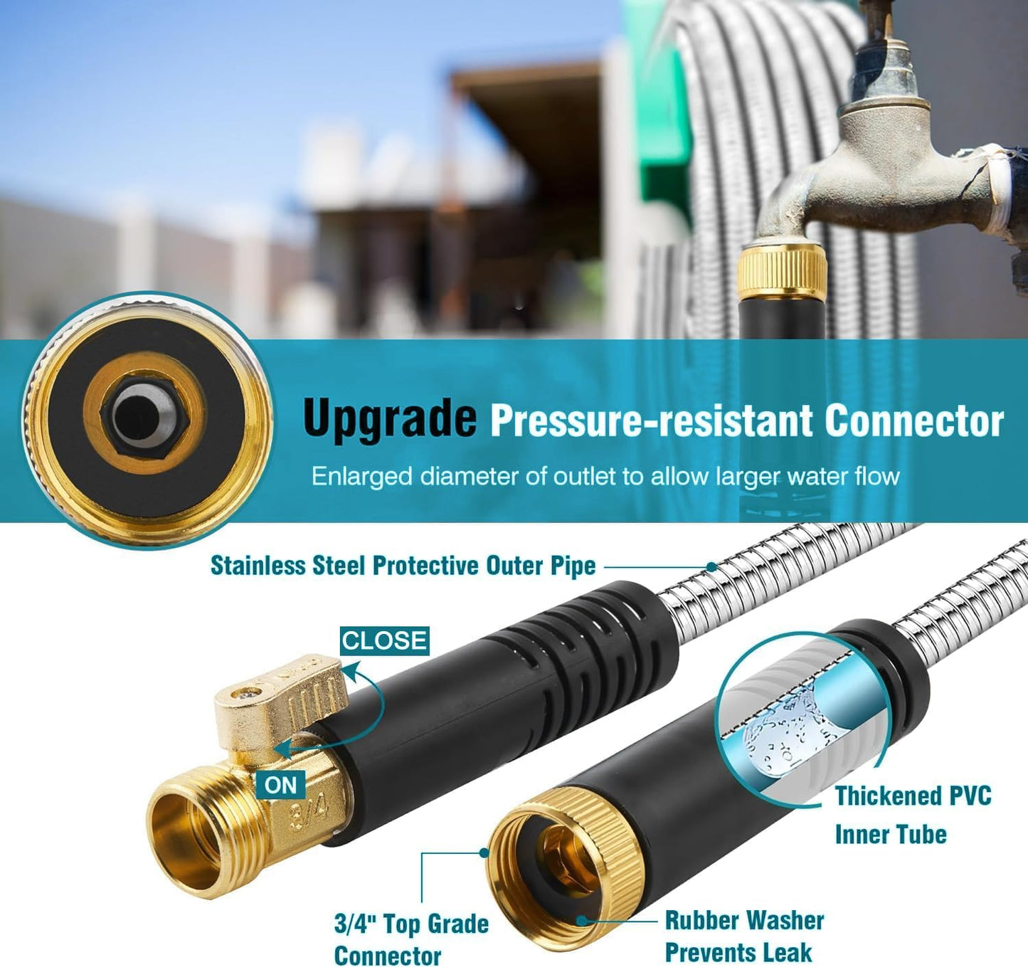 Metal Garden-Hose 200Ft Stainless Steel Water Hose Heavy Duty with 10 Way Nozzle – Flexible, Lightweight, No Kink & Tangle, 3/4'' Solid Metal Fitting, Shut-Off Valve for Outdoor Yard