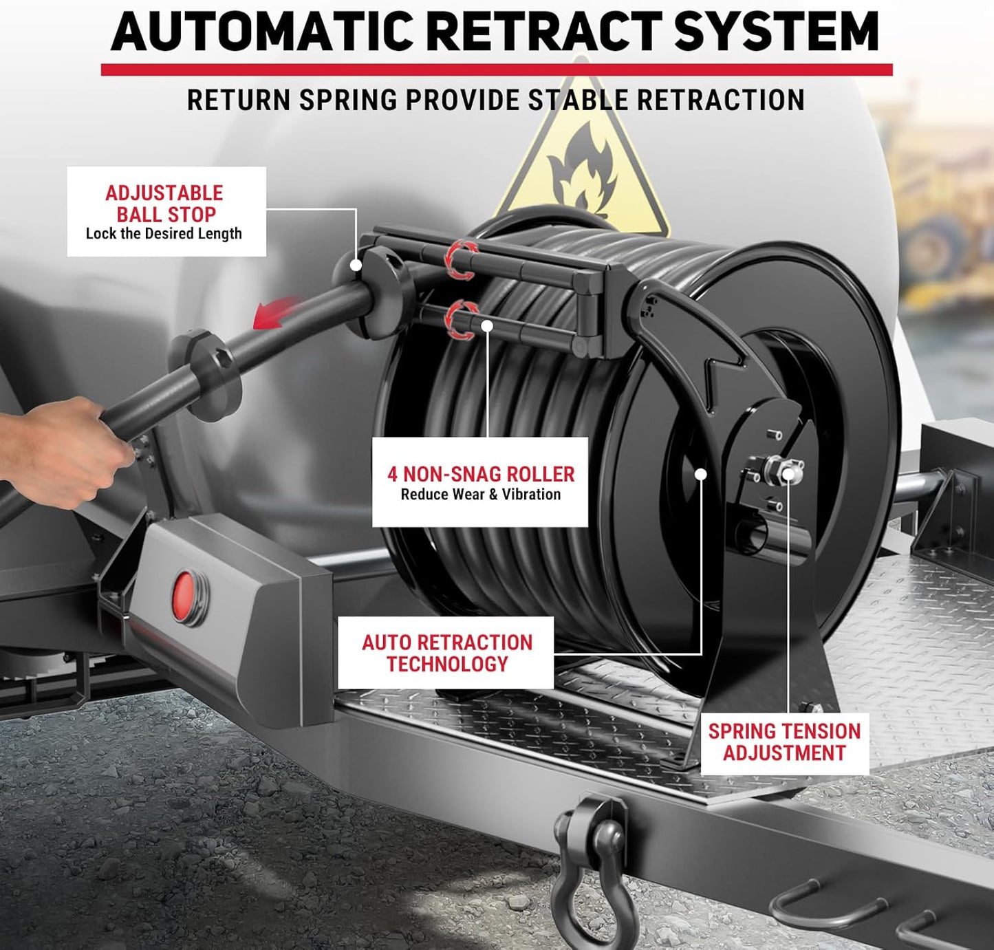 Retractable Fuel Hose Reel 1" x 50' with Fueling Nozzle, 300 PSI Heavy Duty Steel Construction Industrial Auto Swivel Spring Driven Diesel Hose Reel for Aircraft Ship Vehicle Tank Truck, Black