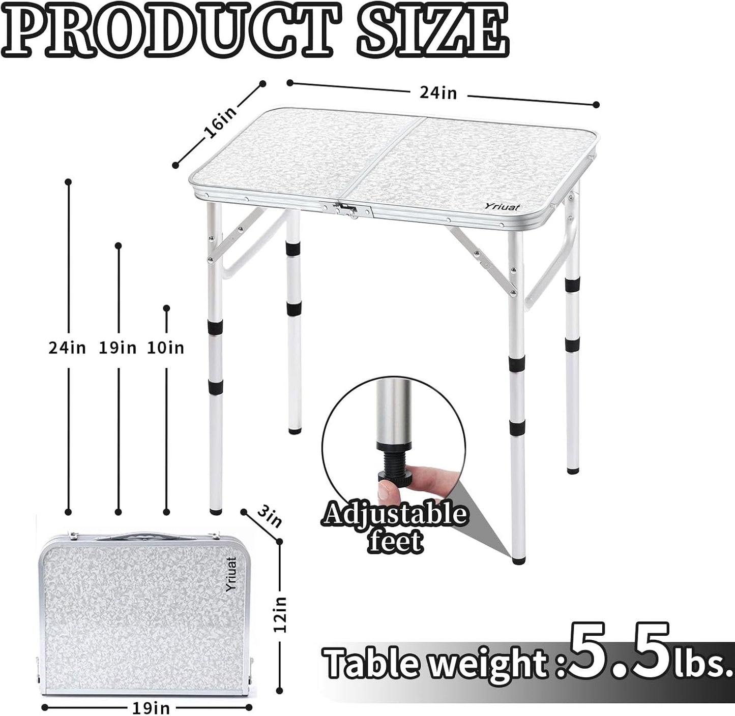 Yriuat Folding Camping Table 2ft Portable Picnic Table Adjustable Height Small Card Table Aluminum Foldable Lightweight with Carry Handle for Outdoor Indoor Hiking Camp BBQ Beach