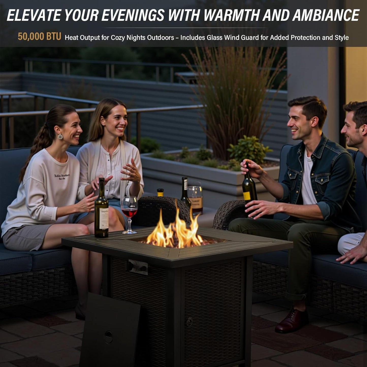 7-Piece Modern Black Wicker Patio Conversation Set - 4 Swivel Glider Chairs & 50,000 BTU Propane Fire Table