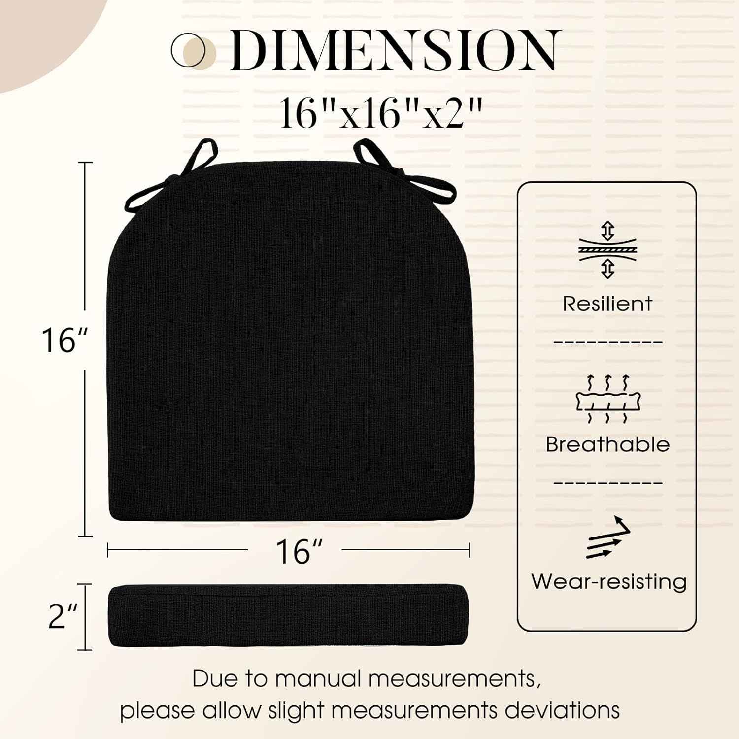 Basic Beyond Chair Cushions for Dining Chairs 6 Pack, Kitchen Chair Cushions with Ties and Non Slip Backing, 16 x 16 inches Chair Pads for Dining Chairs (Black)