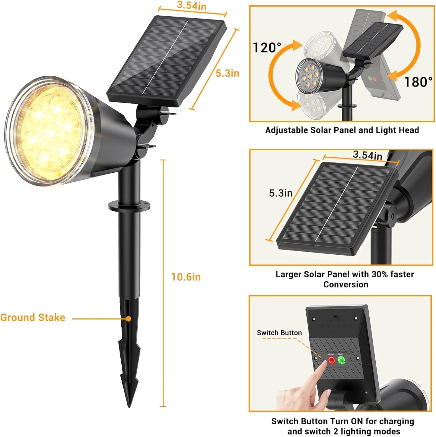 Solar Spot Lights Outdoor Waterproof: 1000LM Big Adjustable Spotlight - 2-in-1 15Hrs+ Long Lasting Spot Light - Solar Powered Spotlights Landscape Lighting for Garden, Yard, Tree, Flag, Wall, Pathway