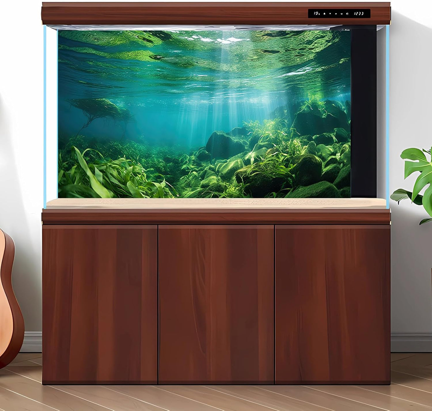 Under The Sea Fish Tank Background Aquatic Plants Deep Sea Aquarium Background Underwater Sunray Rock with Moss Terrarium Backgrounds Deep Ocean Floor Tropical Fish Tank Backgrounds 48x18in