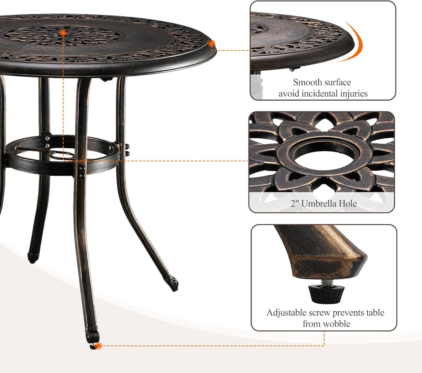 VINGLI 32 Inch Outdoor Patio Table with Umbrella Hole, Cast Aluminum Round Patio Dining Table Bistro Table for Backyard, Garden, Patio, Porch (Bronze)