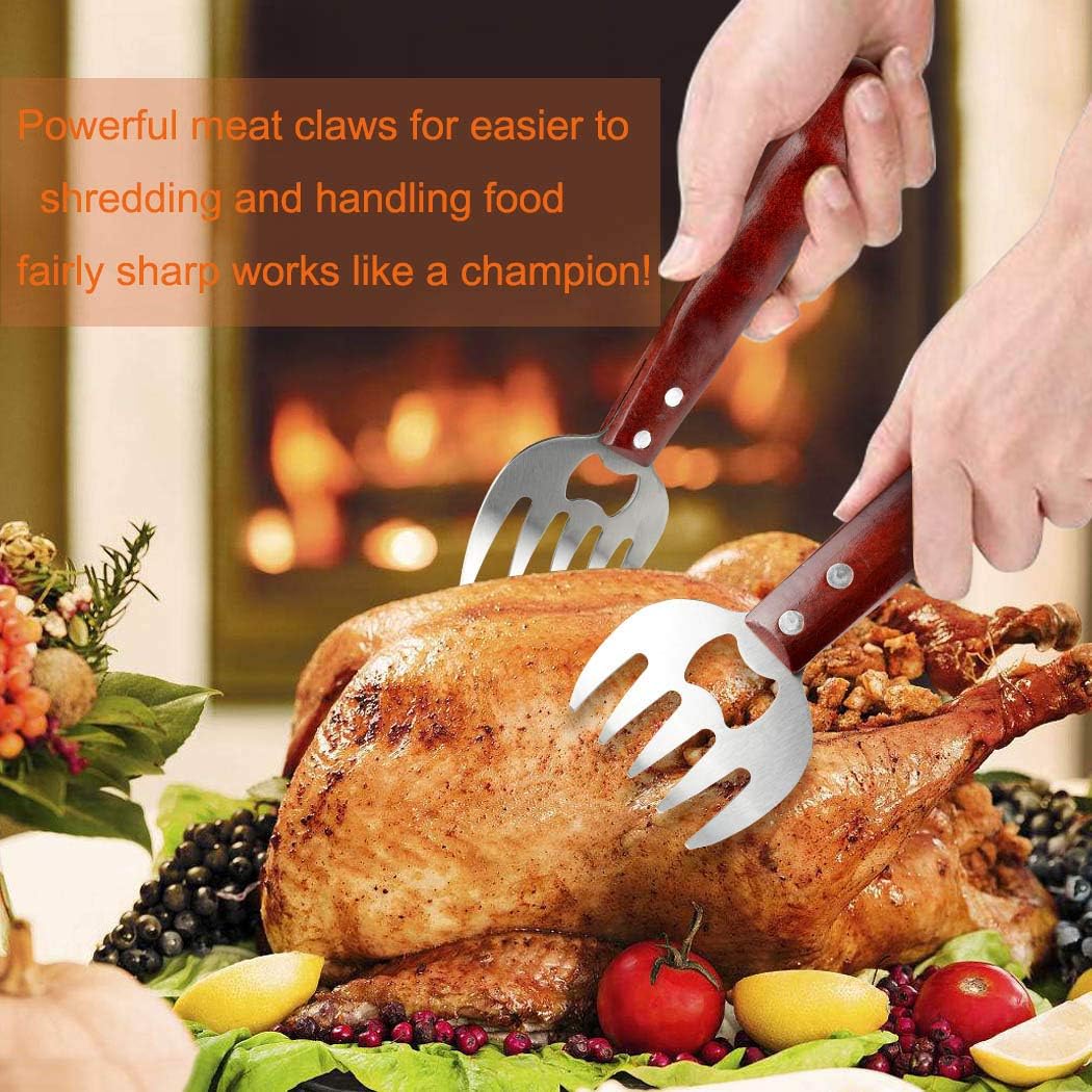 AIYUE Meat Shredding Claws Stainless Steel Pulled Pork Shredder Meat Claws for BBQ Shredding Pulling Handing Lifting & Serving Pork Turkey Chicken with Long Wood Handle (2 PCS,BPA Free) - Lumora Garden