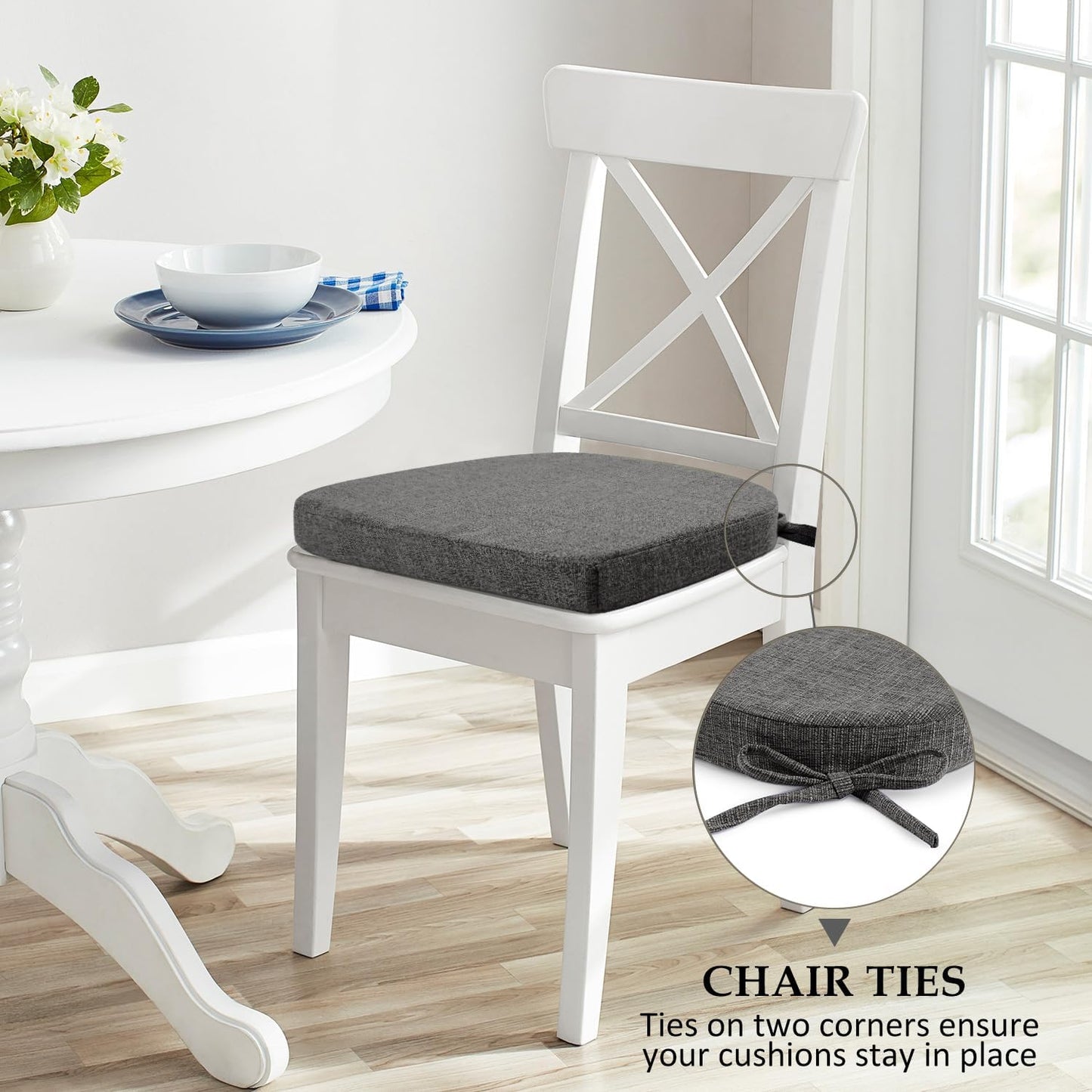 Wellsin Chair Cushions for Dining Chairs 6 Pack - Kitchen Chair Cushions with Ties and Non-Slip Backing - Dining Chair Pads 16"X16"X2", Dark Gray