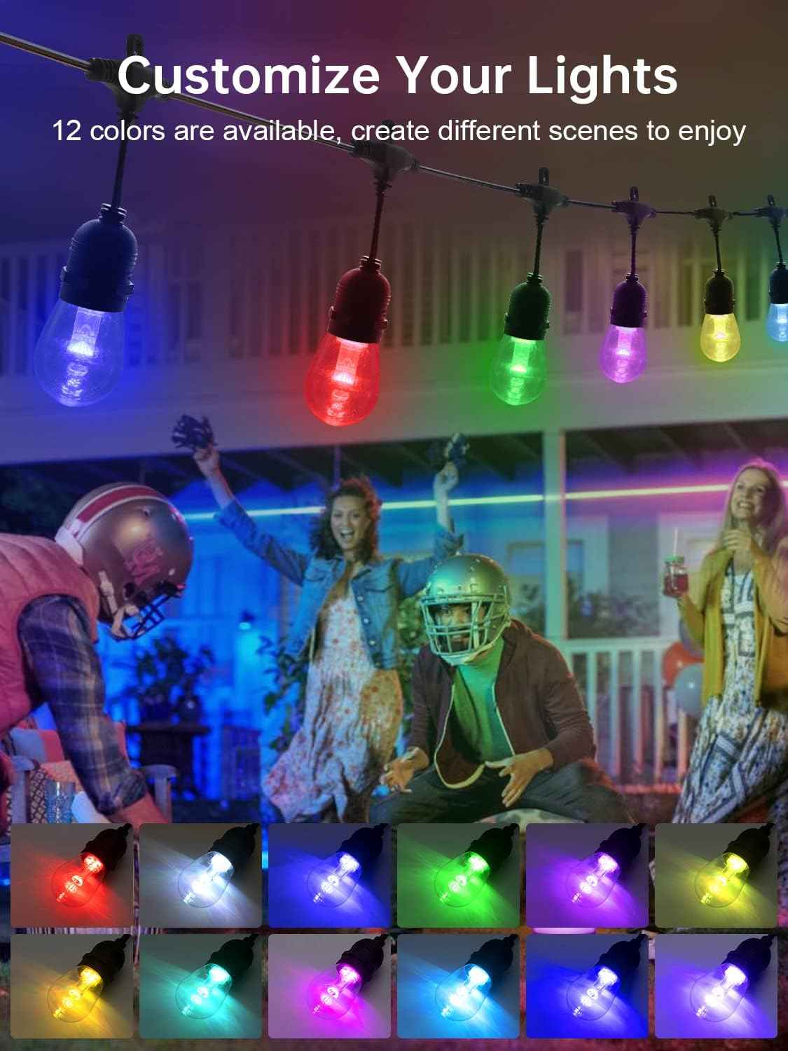Commercial Grade 48FT LED Outdoor String Lights with Remote Control - 15 Shatterproof Bulbs Waterproof Color Changing Christmas Lights, Dimmable for Patio, Garden, Wedding Decor
