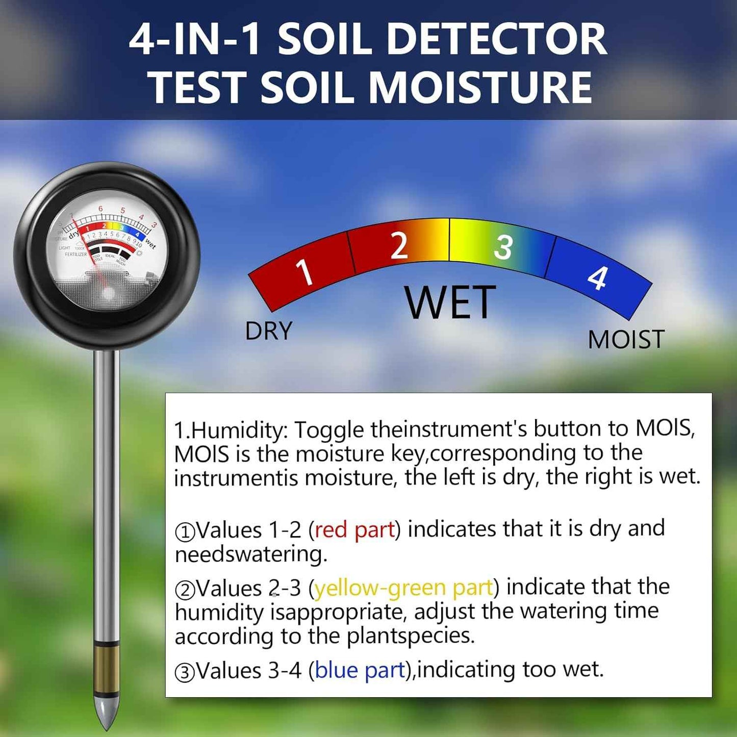 4-in-1 Soil Tester, Battery Free Plant Moisture Meter with PH/Moisture/Light Test/Fertilizer, Soil PH Meter for Garden, Lawn, Potted Plants, Farm (90° Rotation)