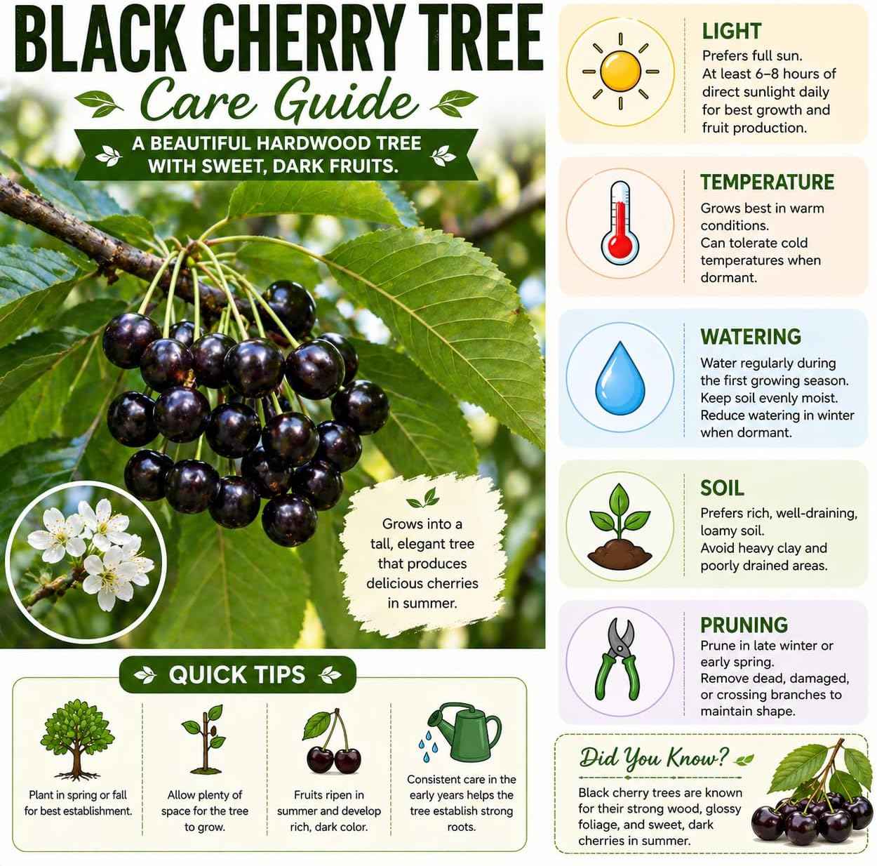Black Cherry Tree Live Plant, 1 Year Old Sweet Cherry in Quart Pot, Hardy Fruit Shade Tree for Garden or Landscape