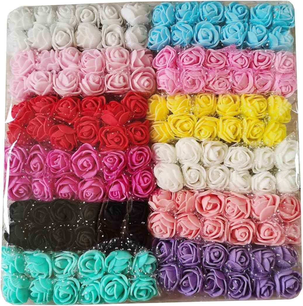 Mini Fake Rose Flower Heads 144pcs Mini Artificial Roses DIY Wedding Flowers Accessories Make Bridal Hair Clips Headbands Dress (Bottom add Gauze) Multicolor