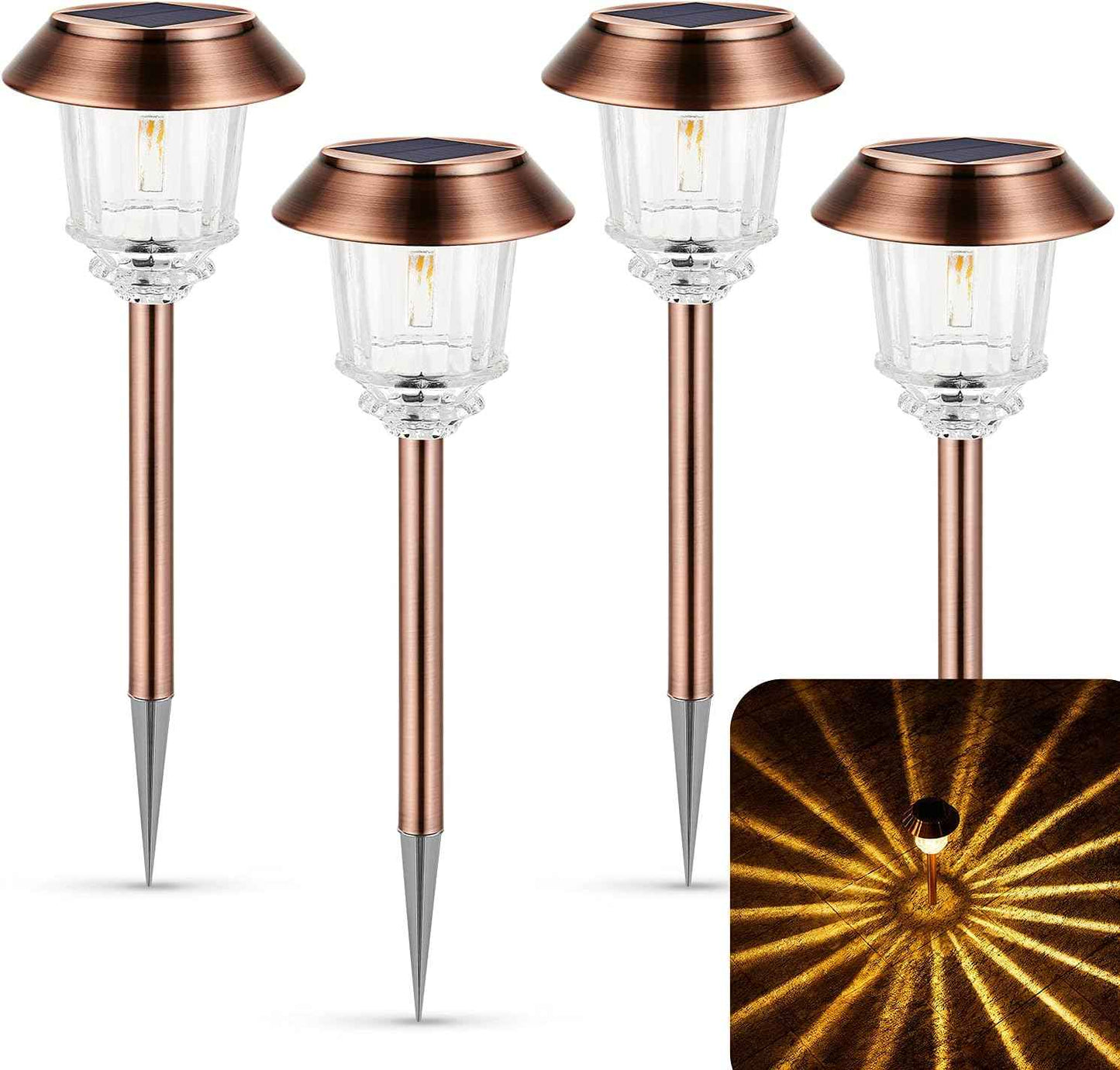 XMCOSY+ Solar Lights Outdoor Waterproof, 4 Pack Solar Lights for Outside, 10-40 LM Dimmable LED Glass Outdoor Solar Lights for Yard Pathway Garden Lawn Driveway Walkway (Warm White)
