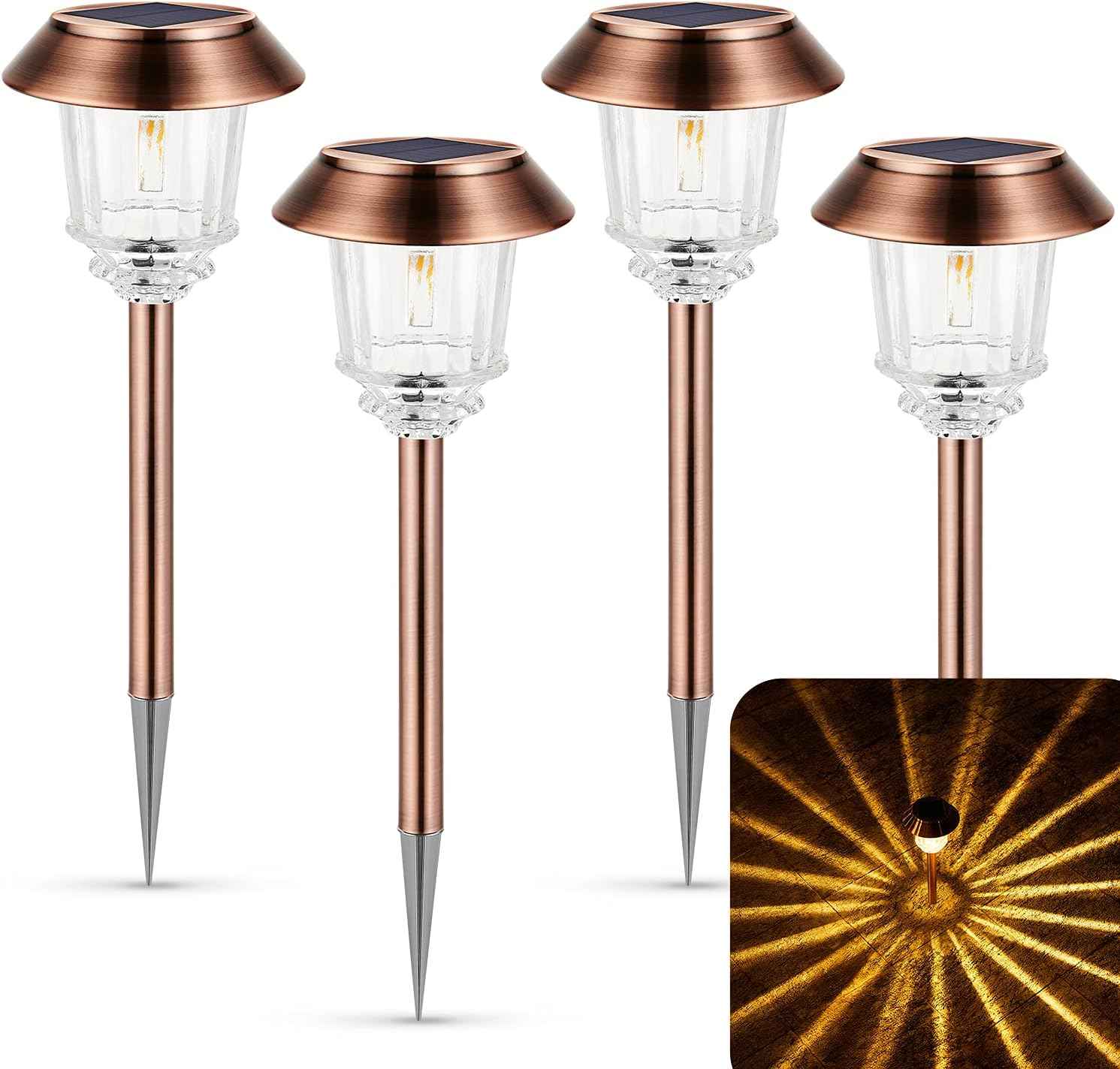 XMCOSY+ Solar Lights Outdoor Waterproof, 4 Pack Solar Lights for Outside, 10-40 LM Dimmable LED Glass Outdoor Solar Lights for Yard Pathway Garden Lawn Driveway Walkway (Warm White)