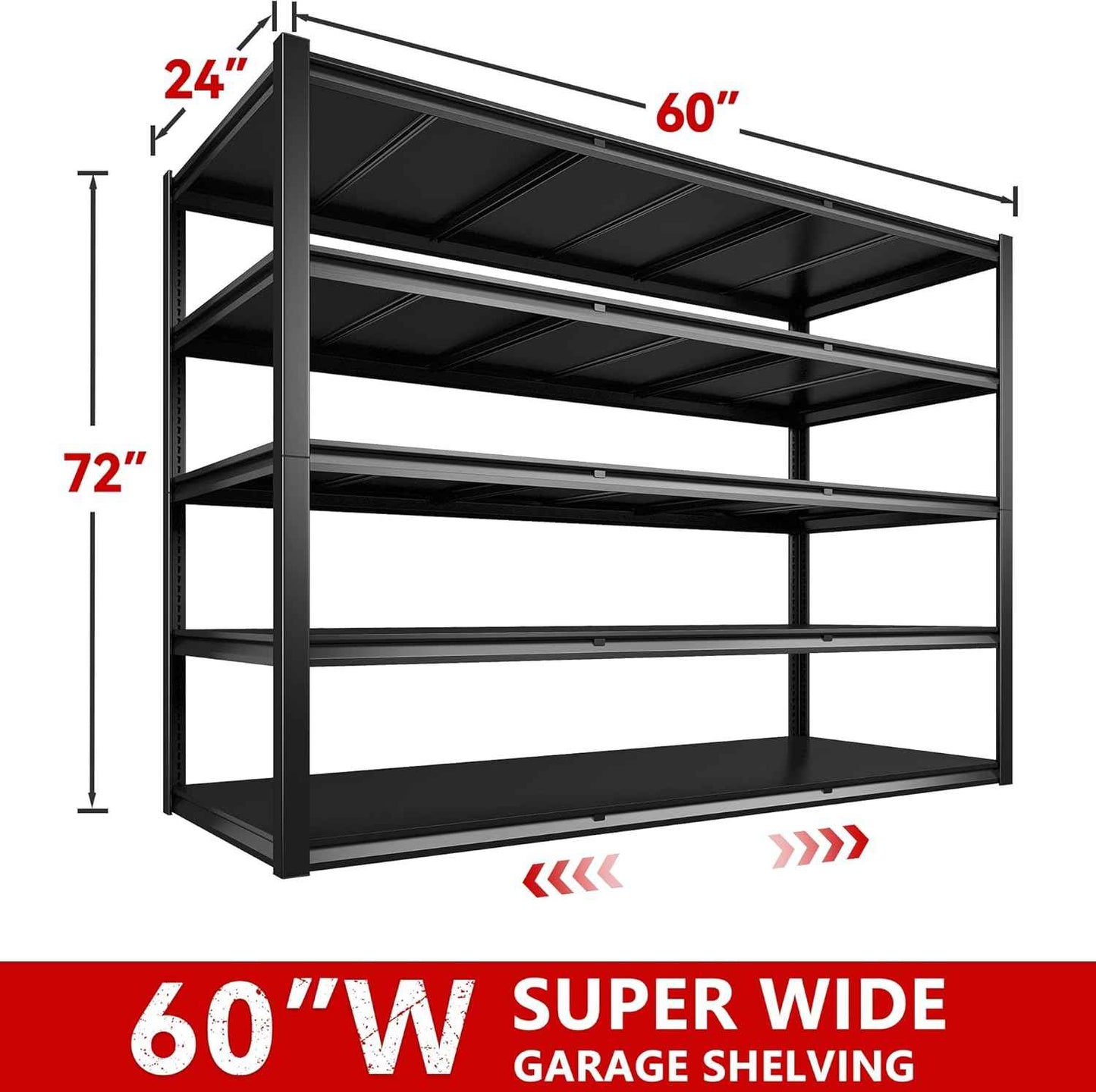 REIBII 60" W Garage Shelving Heavy Duty 3000LBS Garage Shelves 5 Tier Storage Shelves Adjustable Metal Shelving and Industrial Shelving for Basement Workshop, 60" W x 24" D x 72"