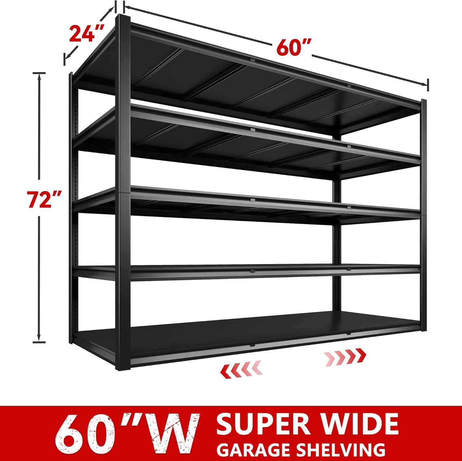 REIBII 60" W Garage Shelving Heavy Duty 3000LBS Garage Shelves 5 Tier Storage Shelves Adjustable Metal Shelving and Industrial Shelving for Basement Workshop, 60" W x 24" D x 72"