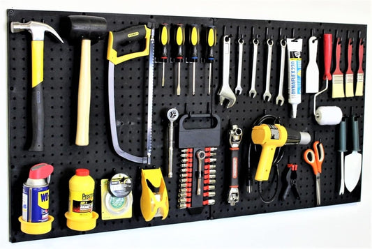 WallPeg 2 Black Pegboard Panels (24"x16" Each) with 36 Assorted Peg Hooks – Heavy-Duty Peg Board Garage Organizer Kit – Patented Flex-Lock Hooks – Made in USA Wall Storage System